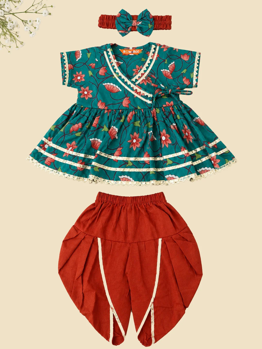 BownBee Pure Cotton Angrakha Kurti & Harem With Hairband For Infants Girls- Green