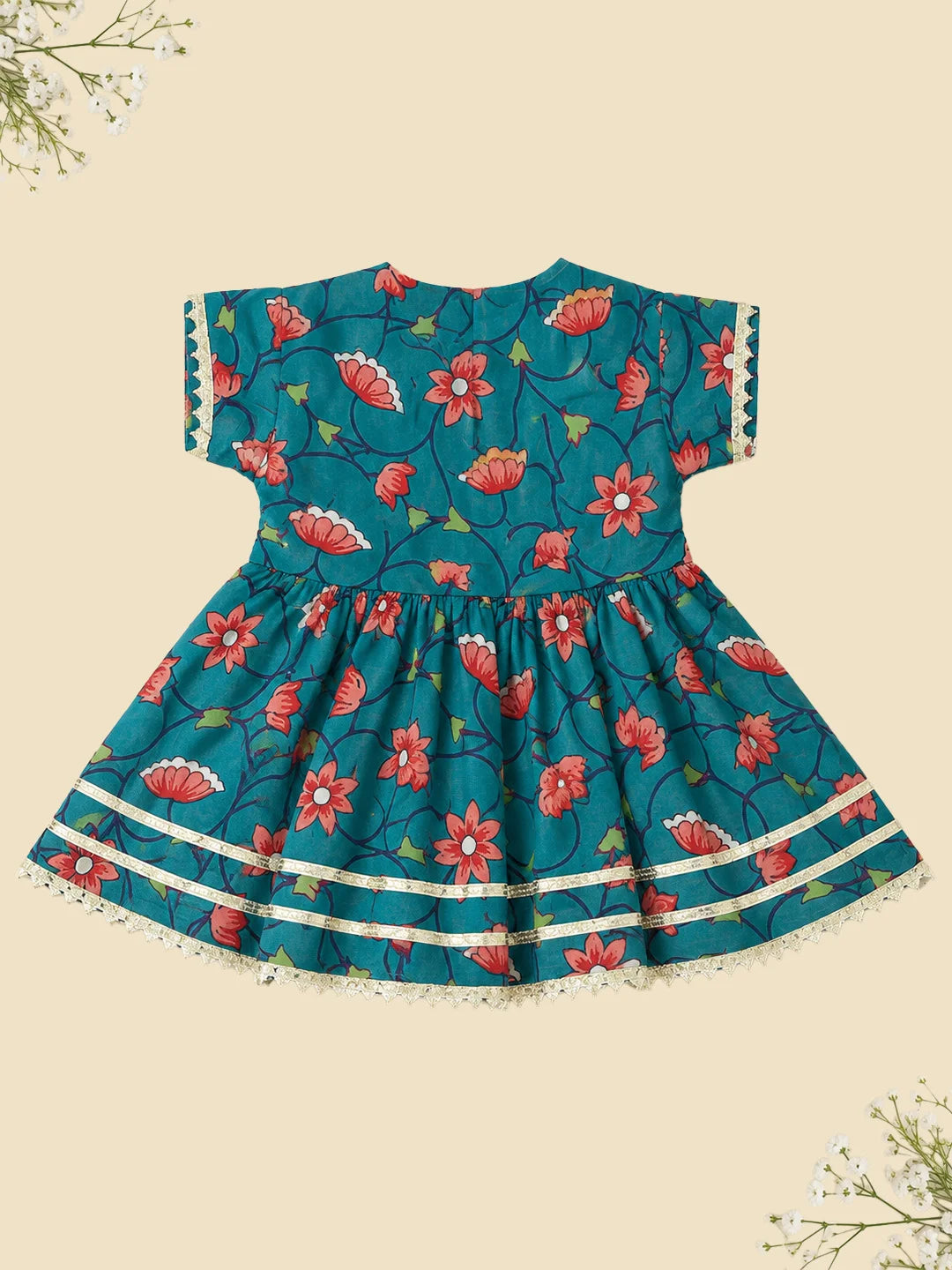 BownBee Pure Cotton Angrakha Kurti & Harem With Hairband For Infants Girls- Green