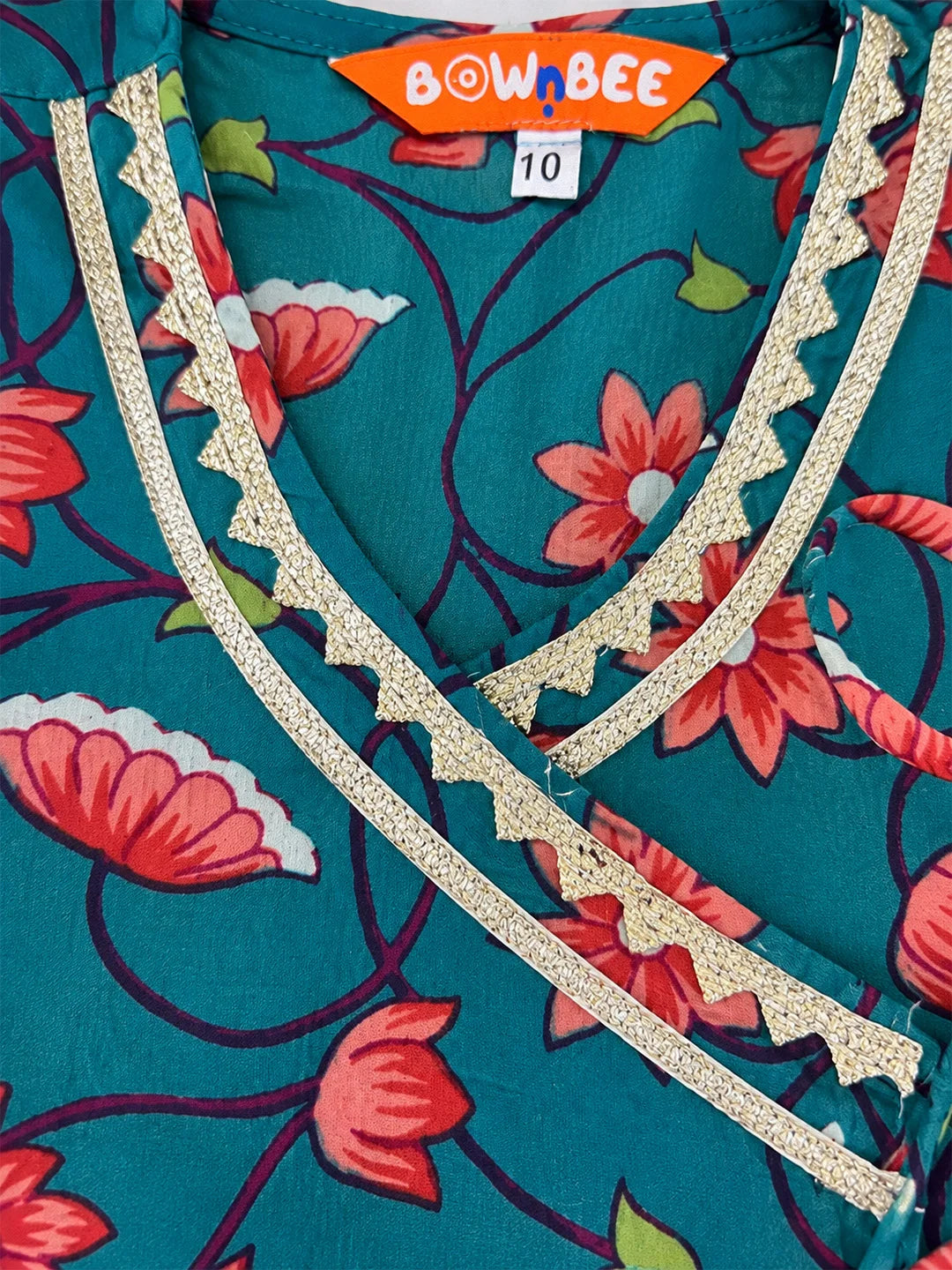 BownBee Pure Cotton Angrakha Kurti & Harem With Hairband For Infants Girls- Green
