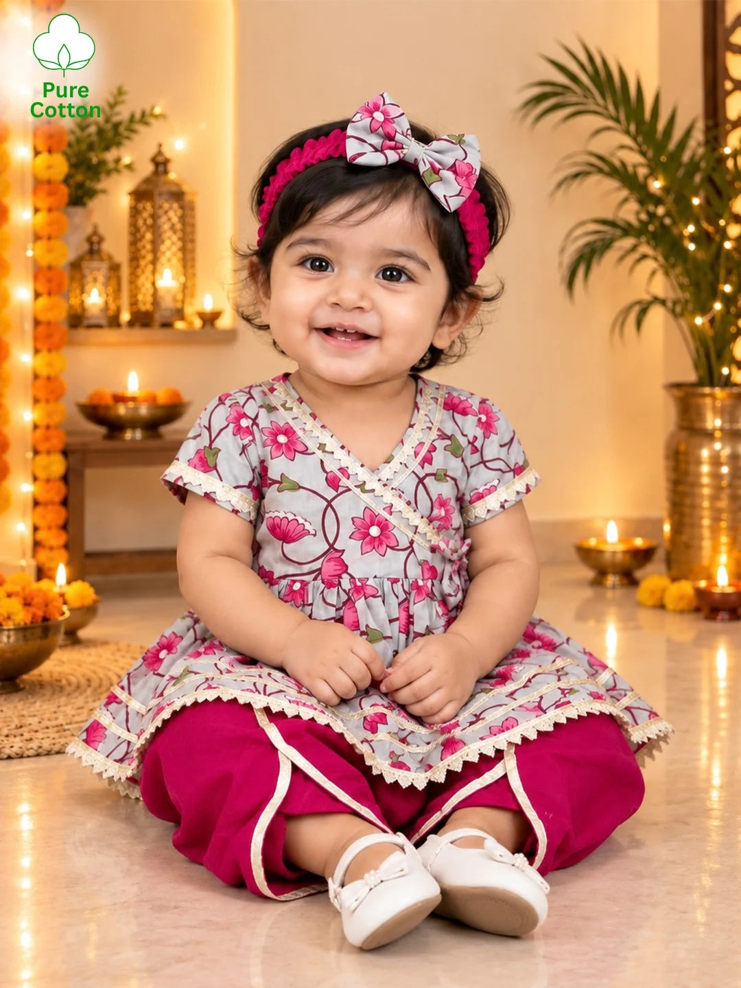 BownBee Pure Cotton Angrakha Kurti & Harem With Hairband For Infants Girls- Sky Blue