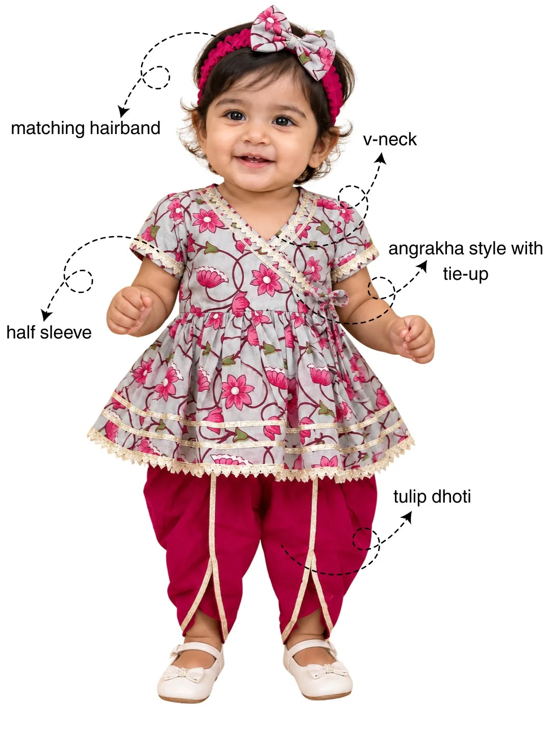 BownBee Pure Cotton Angrakha Kurti & Harem With Hairband For Infants Girls- Sky Blue