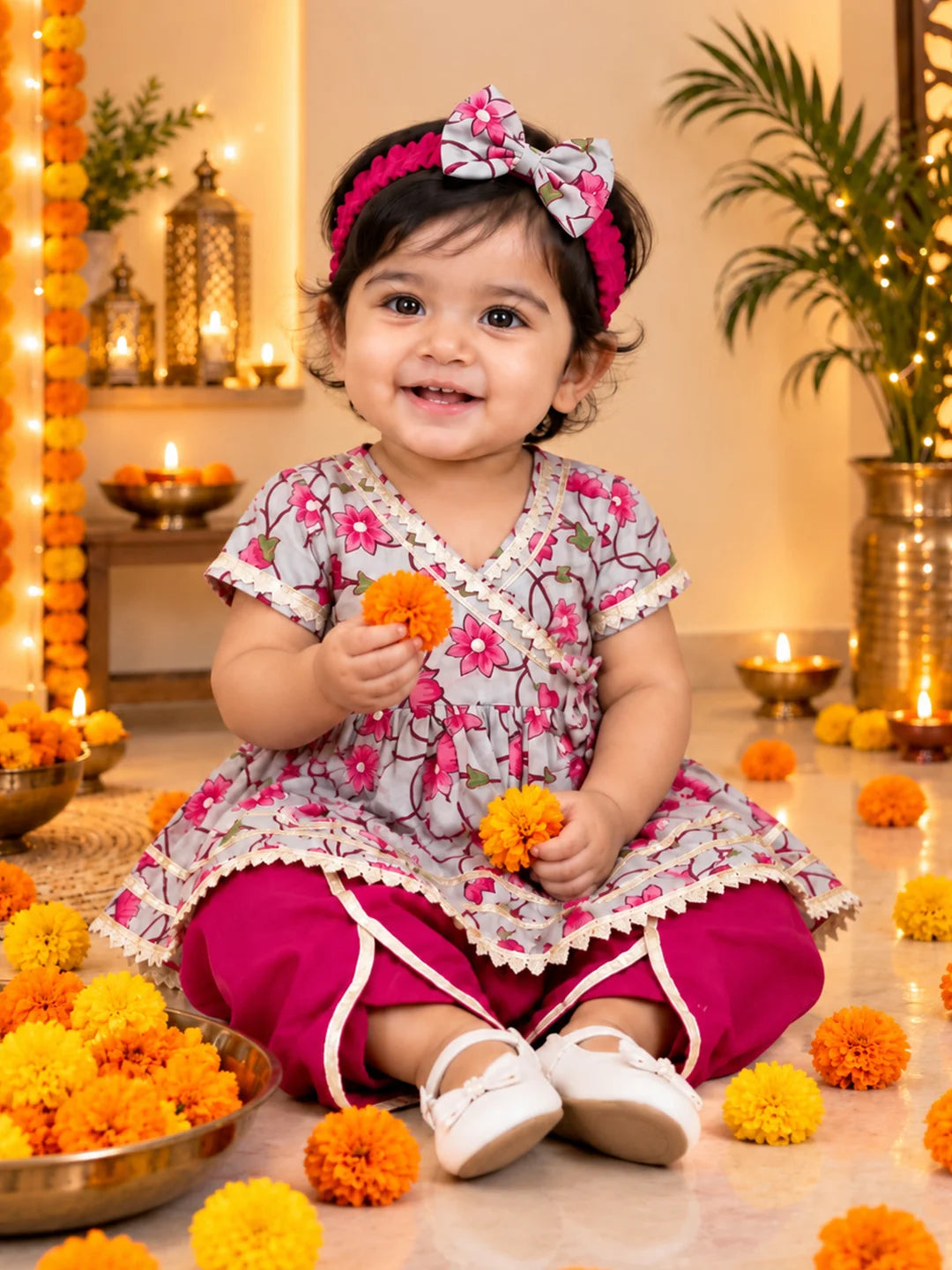 BownBee Pure Cotton Angrakha Kurti & Harem With Hairband For Infants Girls- Sky Blue