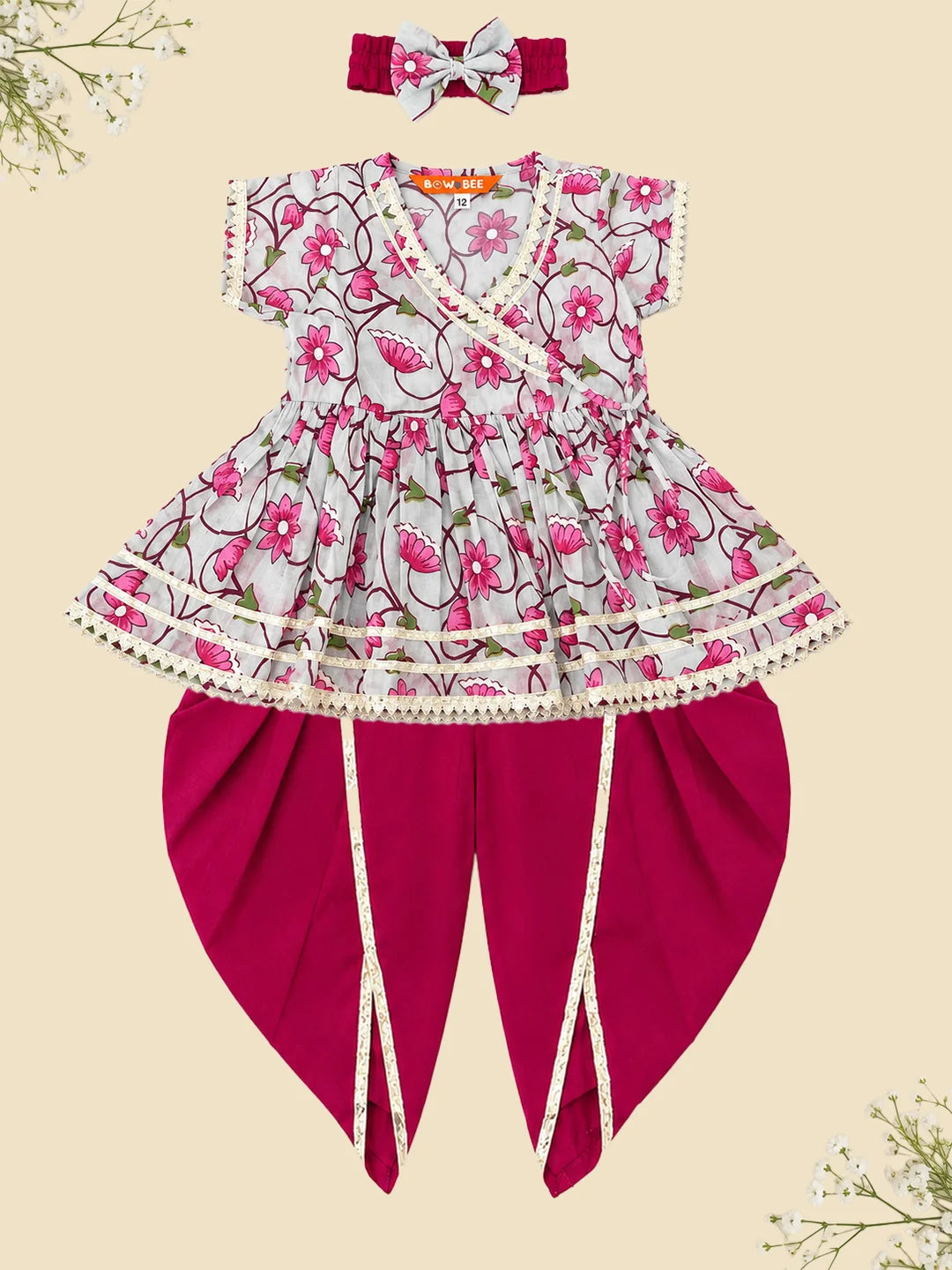 BownBee Pure Cotton Angrakha Kurti & Harem With Hairband For Infants Girls- Sky Blue