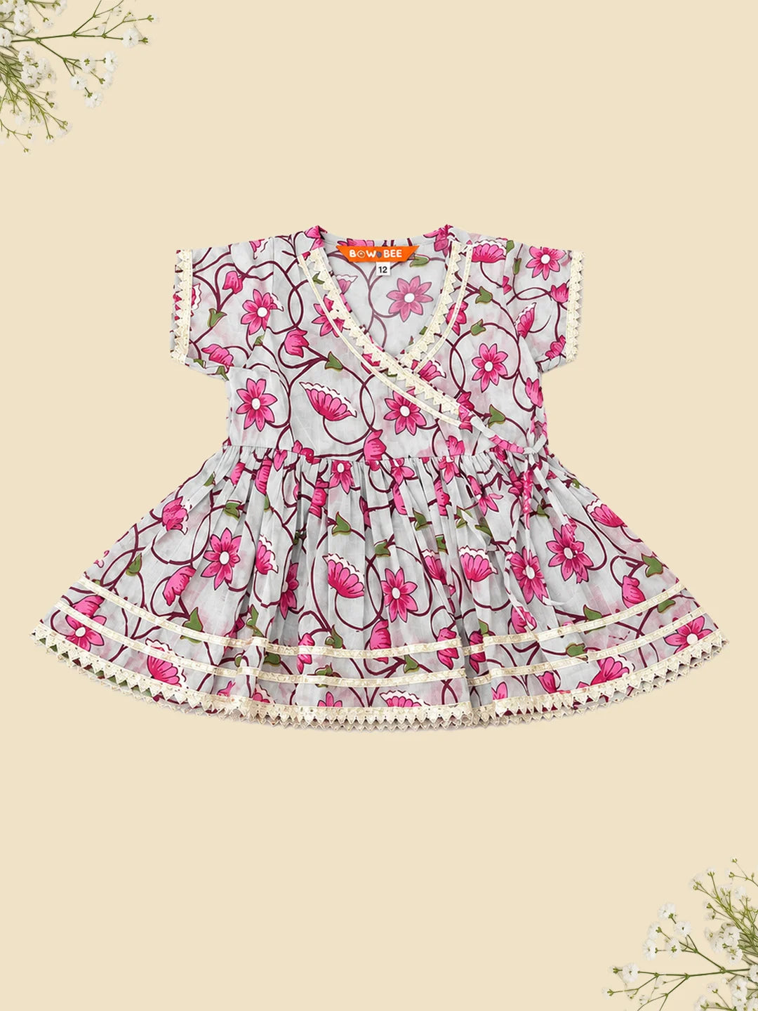 BownBee Pure Cotton Angrakha Kurti & Harem With Hairband For Infants Girls- Sky Blue