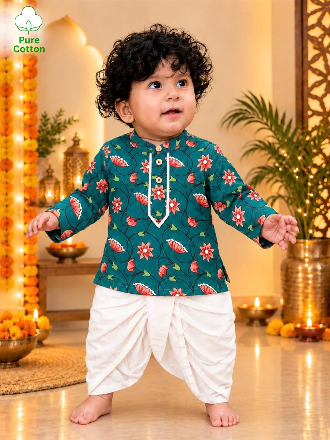 BownBee Pure Cotton Full Sleeve Dhoti Kurta For Infant Boys - Green