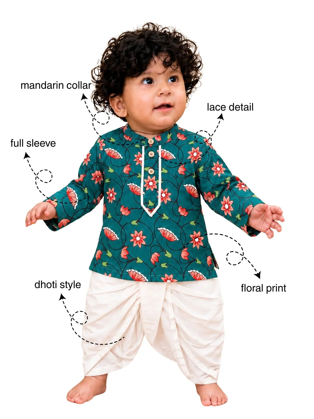 BownBee Pure Cotton Full Sleeve Dhoti Kurta For Infant Boys - Green