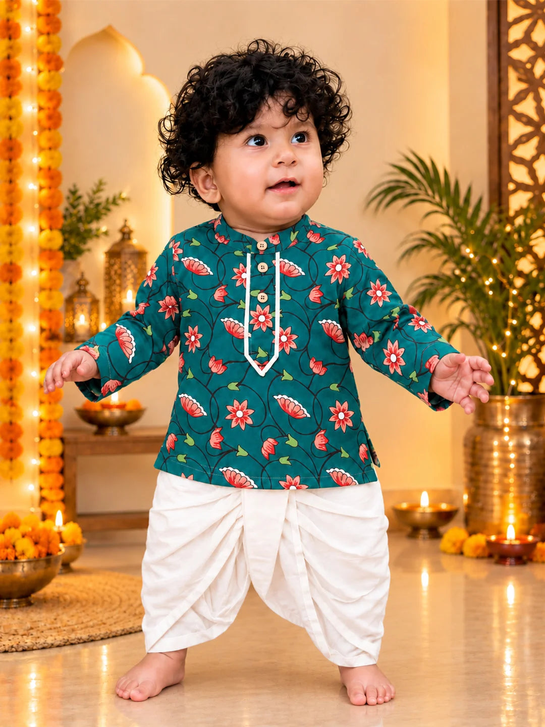 BownBee Pure Cotton Printed Dhoti Kurta & Ethnic Suit With Hairband Infant Sibling Set