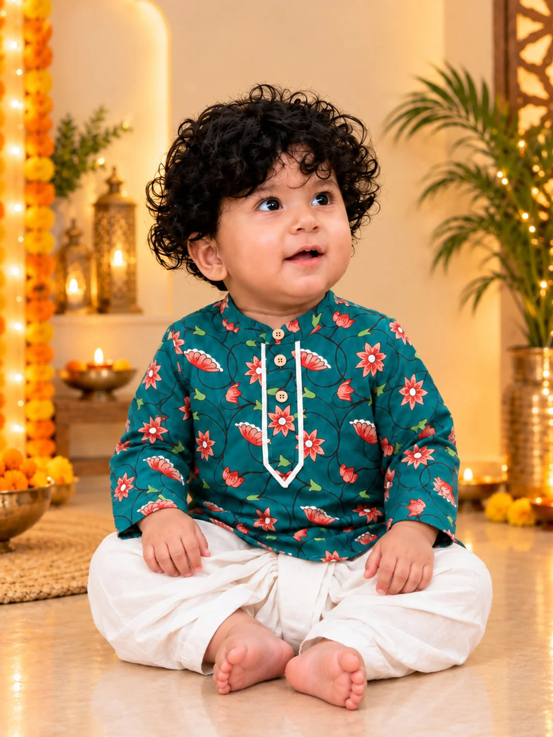 BownBee Pure Cotton Full Sleeve Dhoti Kurta For Infant Boys - Green