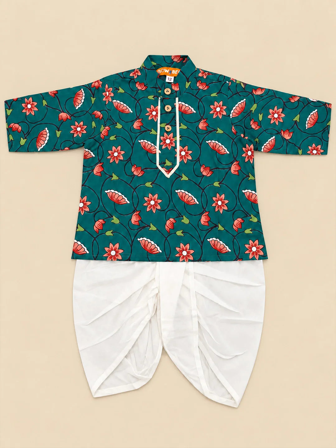 BownBee Pure Cotton Full Sleeve Dhoti Kurta For Infant Boys - Green