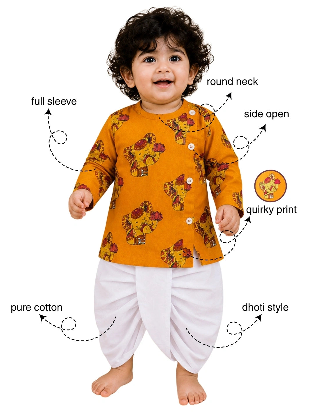 BownBee Pure Cotton Full Sleeve Quirky Dhoti Kurta For Infant Boys