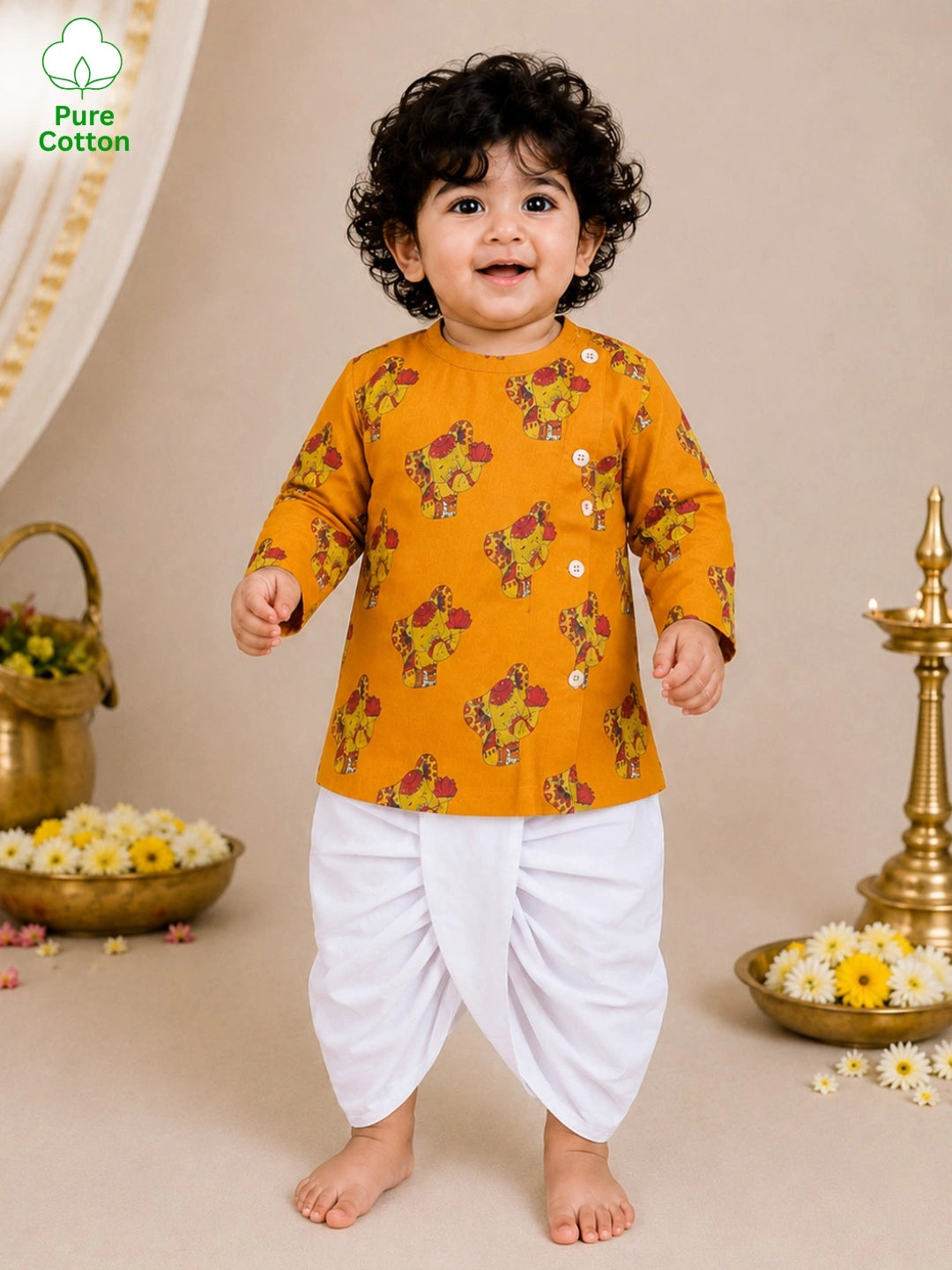 BownBee Pure Cotton Full Sleeve Quirky Dhoti Kurta For Infant Boys
