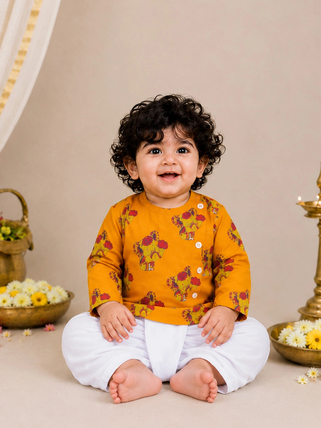 BownBee Pure Cotton Full Sleeve Quirky Dhoti Kurta For Infant Boys