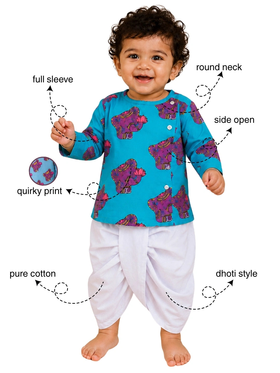 BownBee Pure Cotton Full Sleeve Quirky Dhoti Kurta For Infant Boys