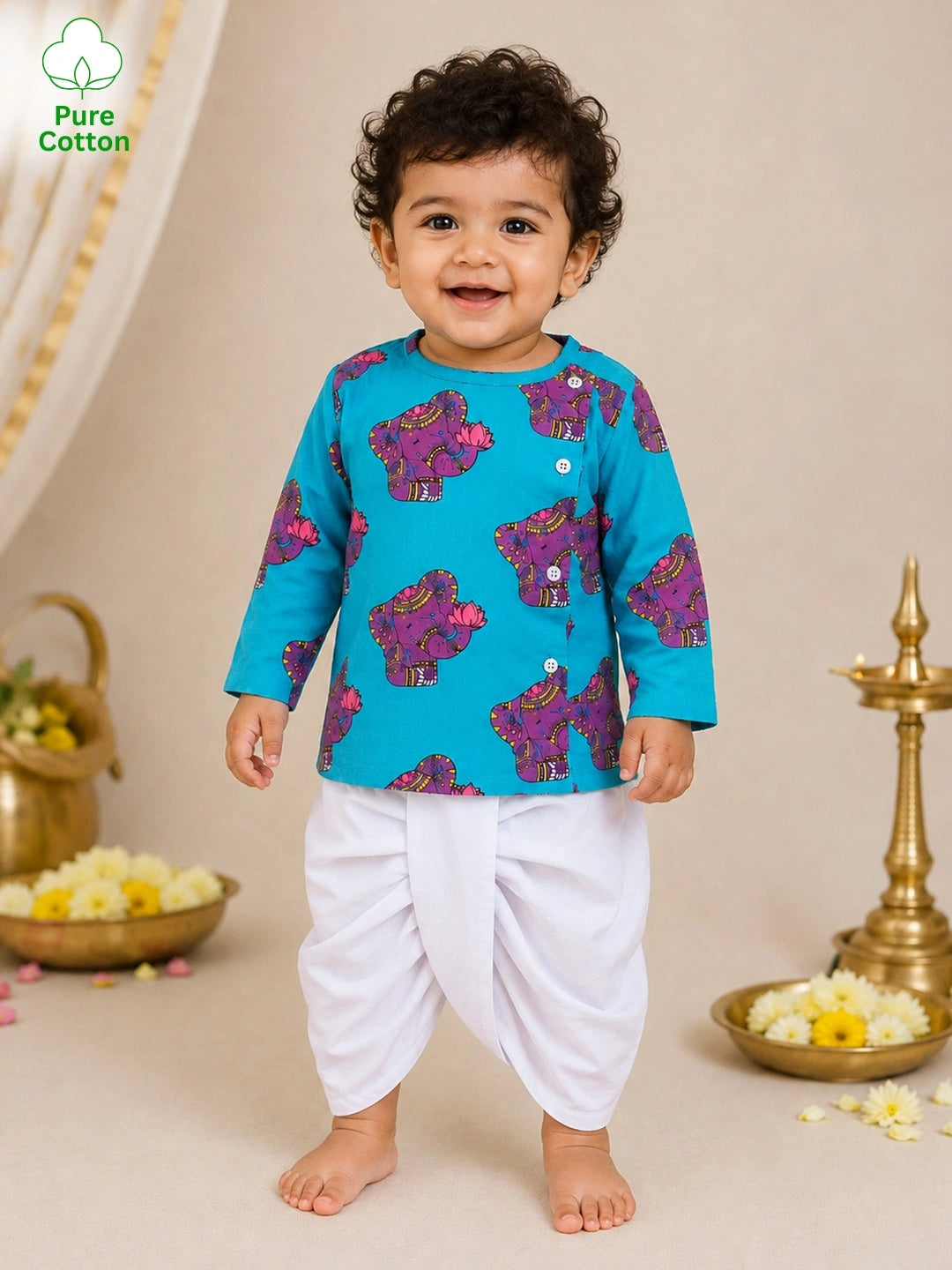 BownBee Pure Cotton Full Sleeve Quirky Dhoti Kurta For Infant Boys