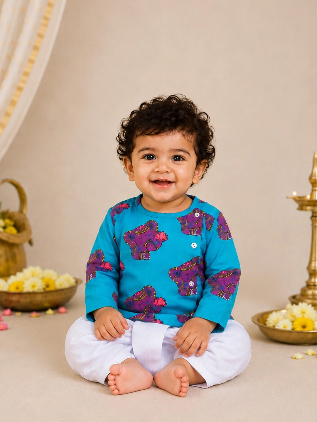 BownBee Pure Cotton Full Sleeve Quirky Dhoti Kurta For Infant Boys