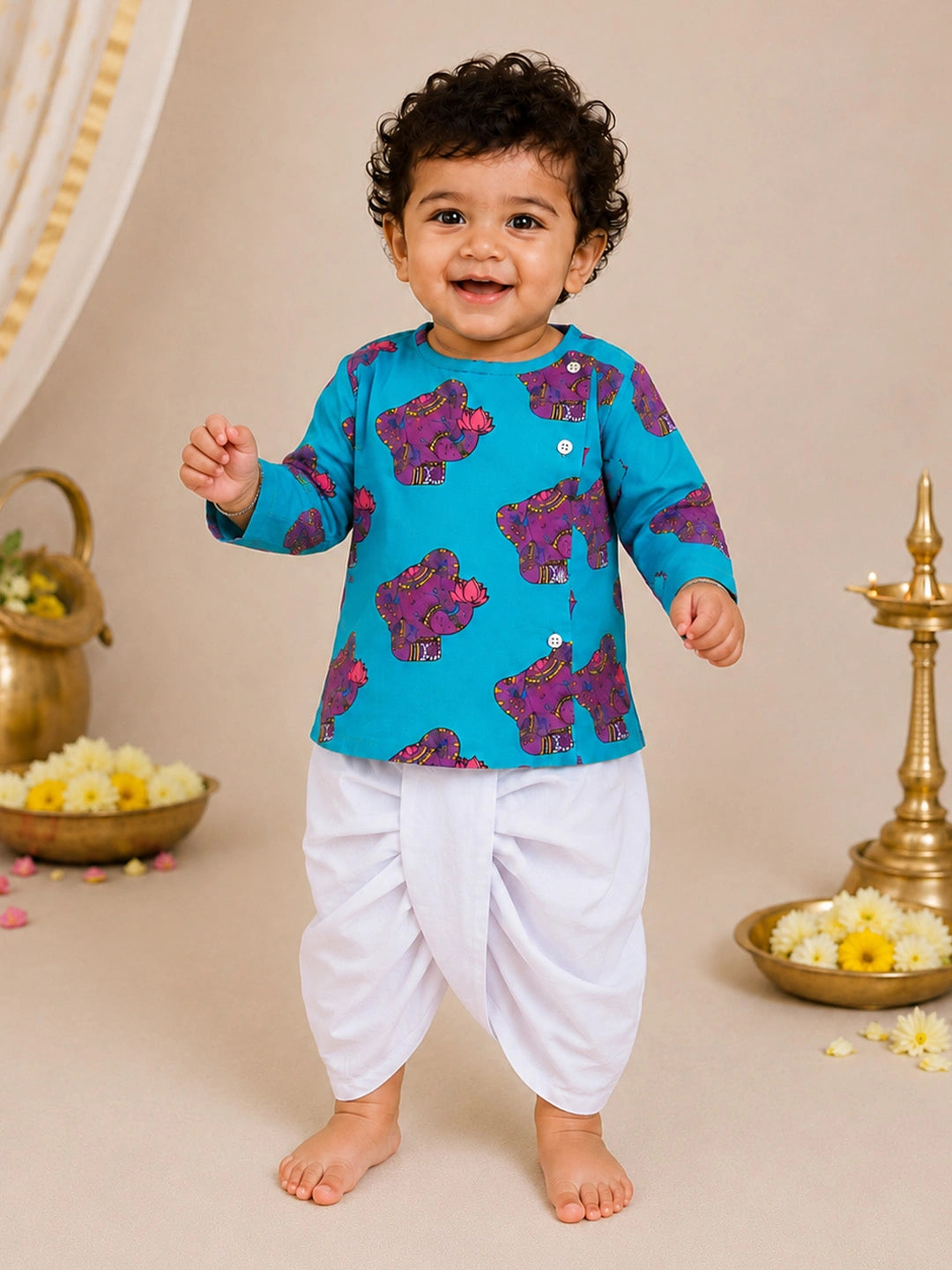 BownBee Pure Cotton Full Sleeve Quirky Dhoti Kurta For Infant Boys