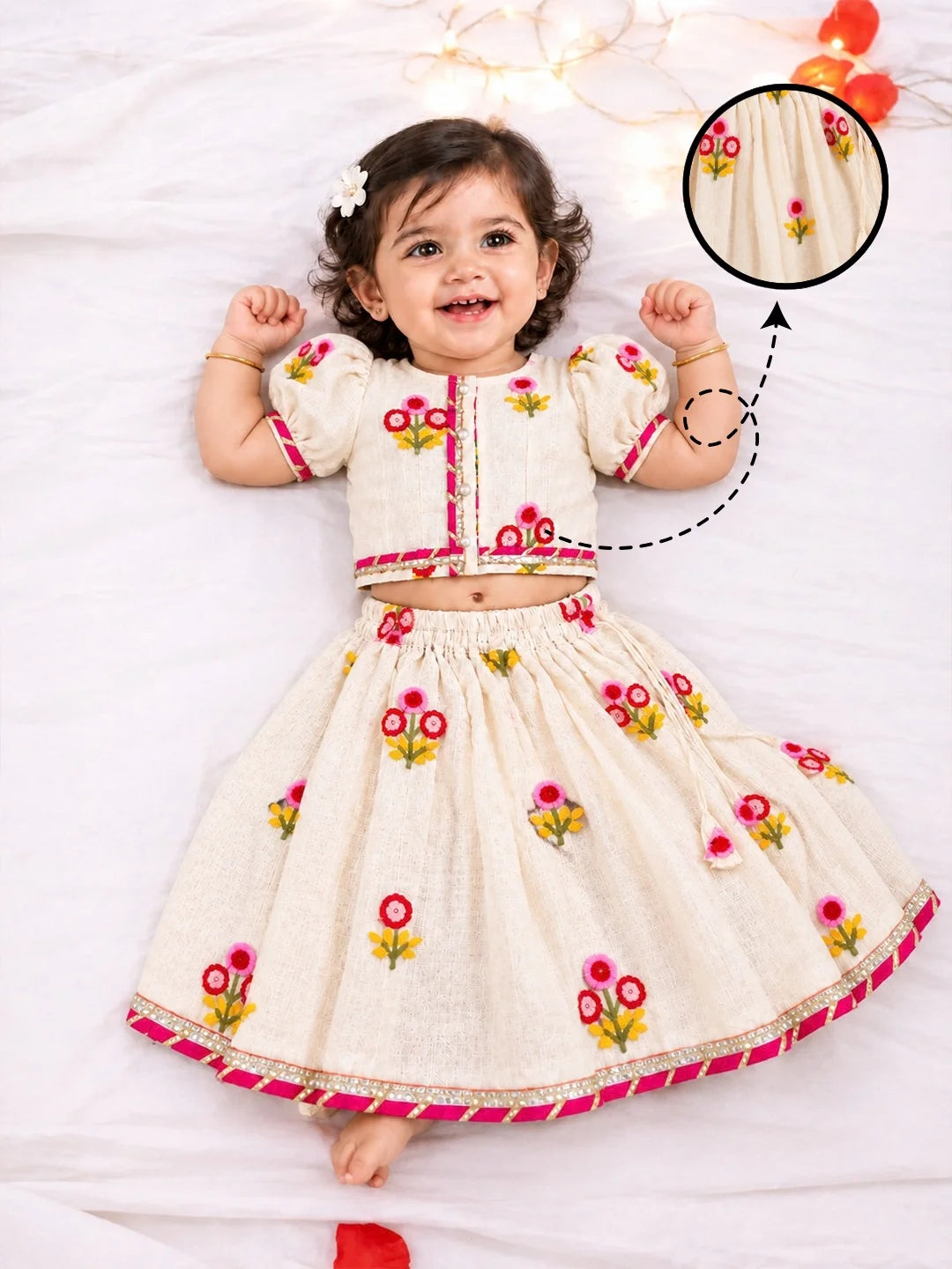BownBee Cotton Short Puff Sleeves Lehenga Choli With Hairband Set For Infant Girls - White