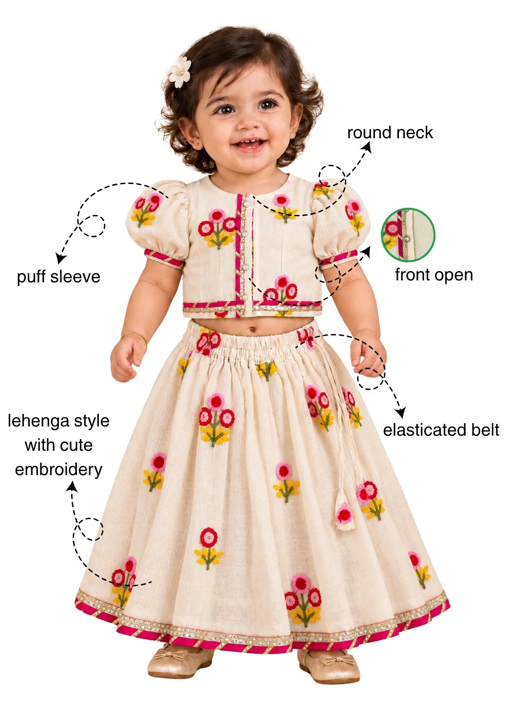 BownBee Cotton Short Puff Sleeves Lehenga Choli With Hairband Set For Infant Girls - White
