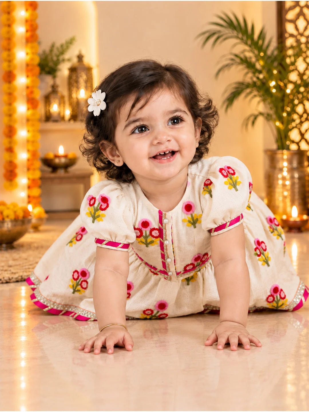 BownBee Cotton Short Puff Sleeves Lehenga Choli With Hairband Set For Infant Girls - White