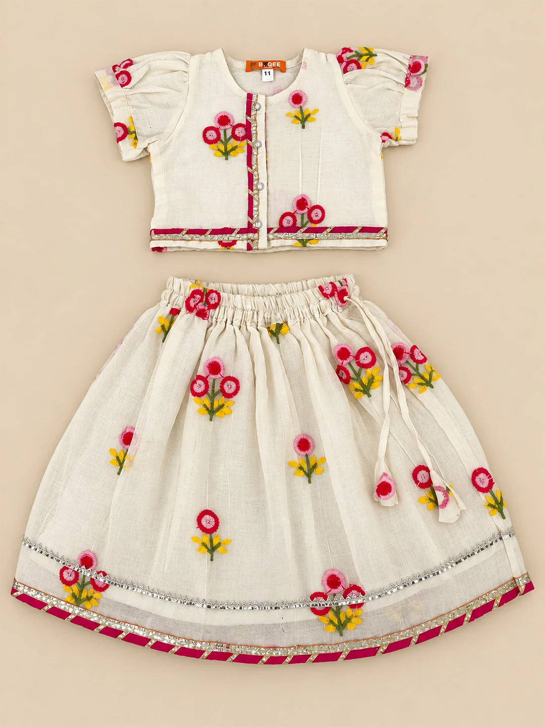 BownBee Cotton Short Puff Sleeves Lehenga Choli With Hairband Set For Infant Girls - White