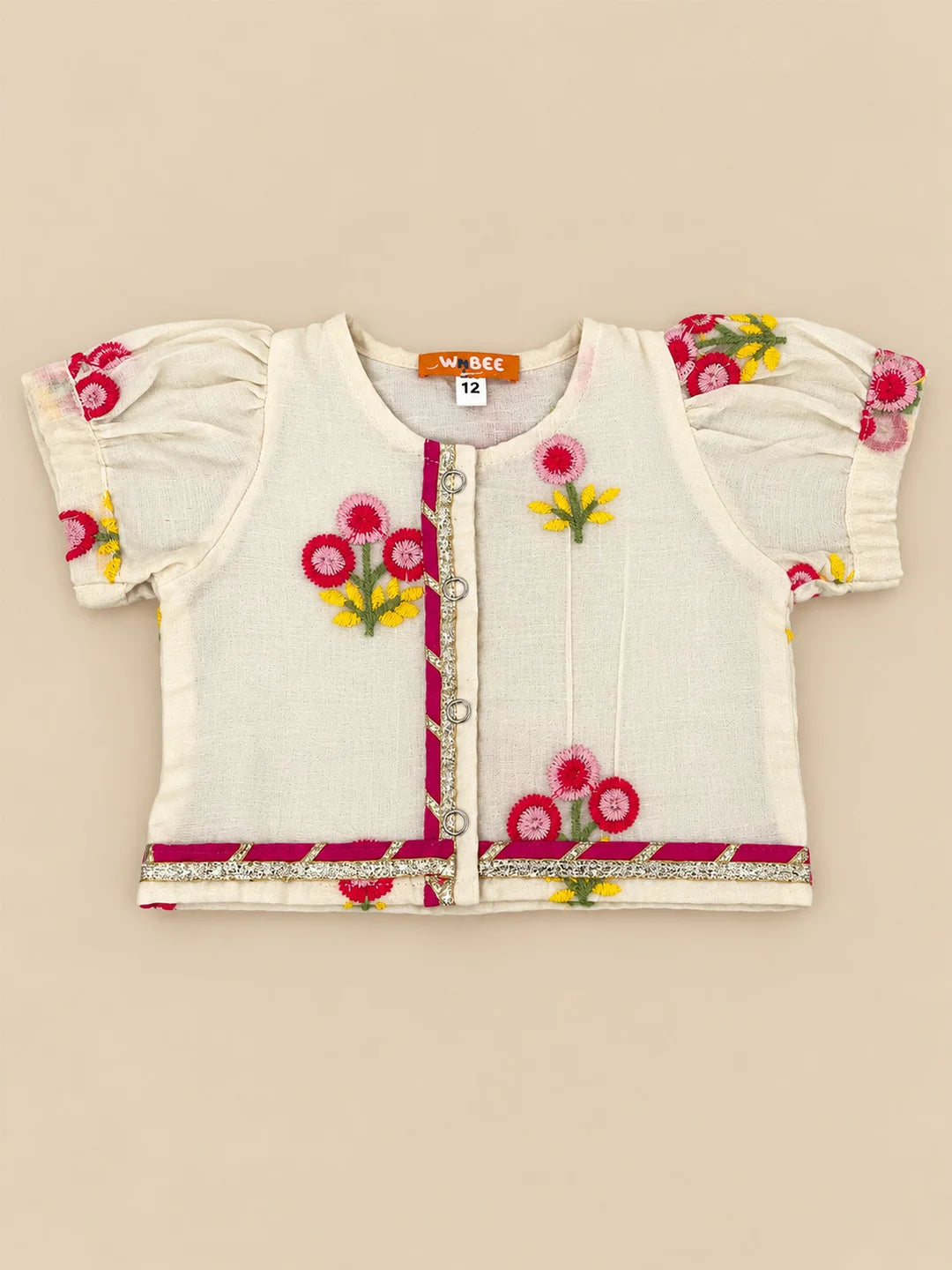 BownBee Cotton Short Puff Sleeves Lehenga Choli With Hairband Set For Infant Girls - White