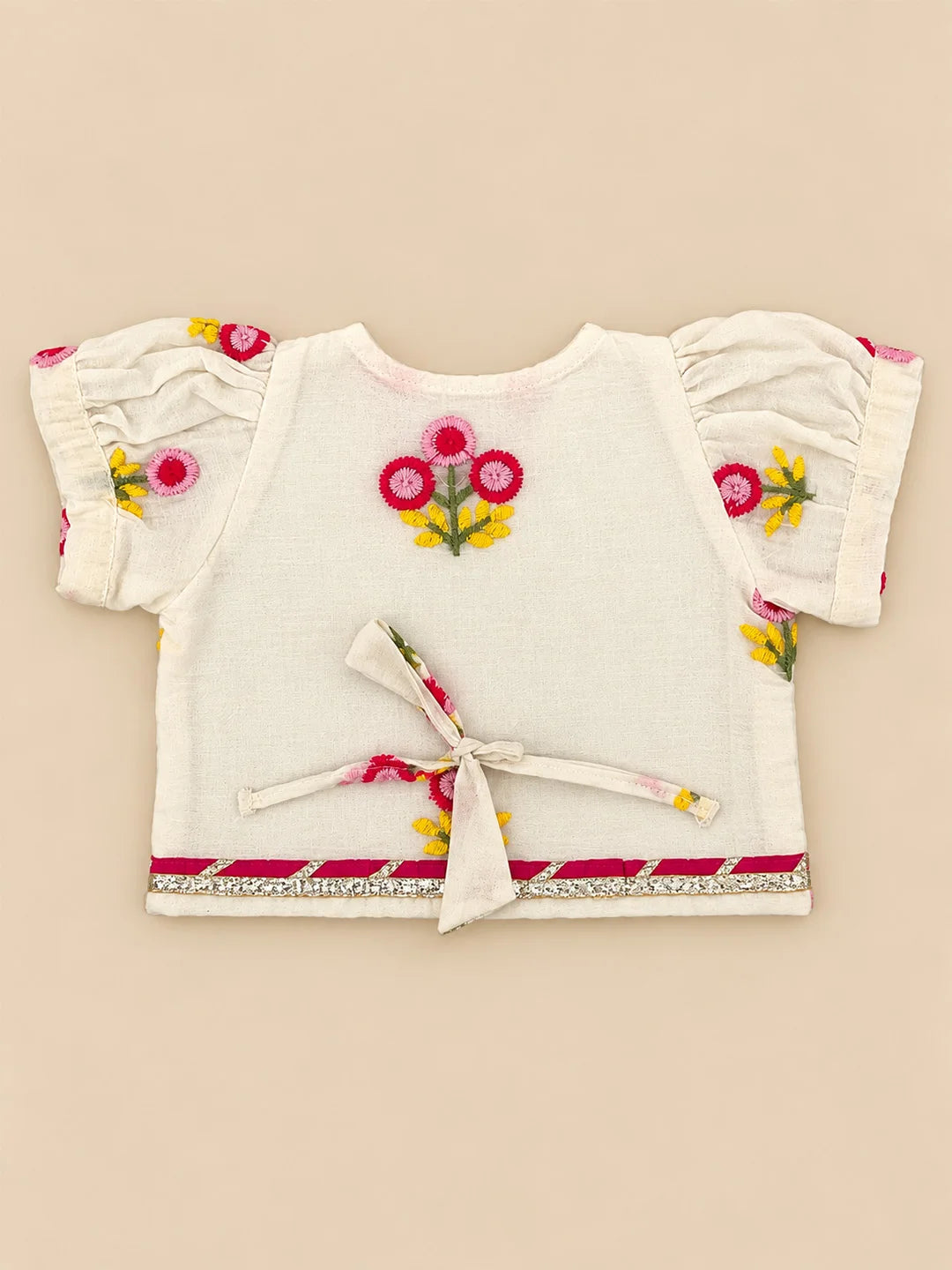 BownBee Cotton Short Puff Sleeves Lehenga Choli With Hairband Set For Infant Girls - White
