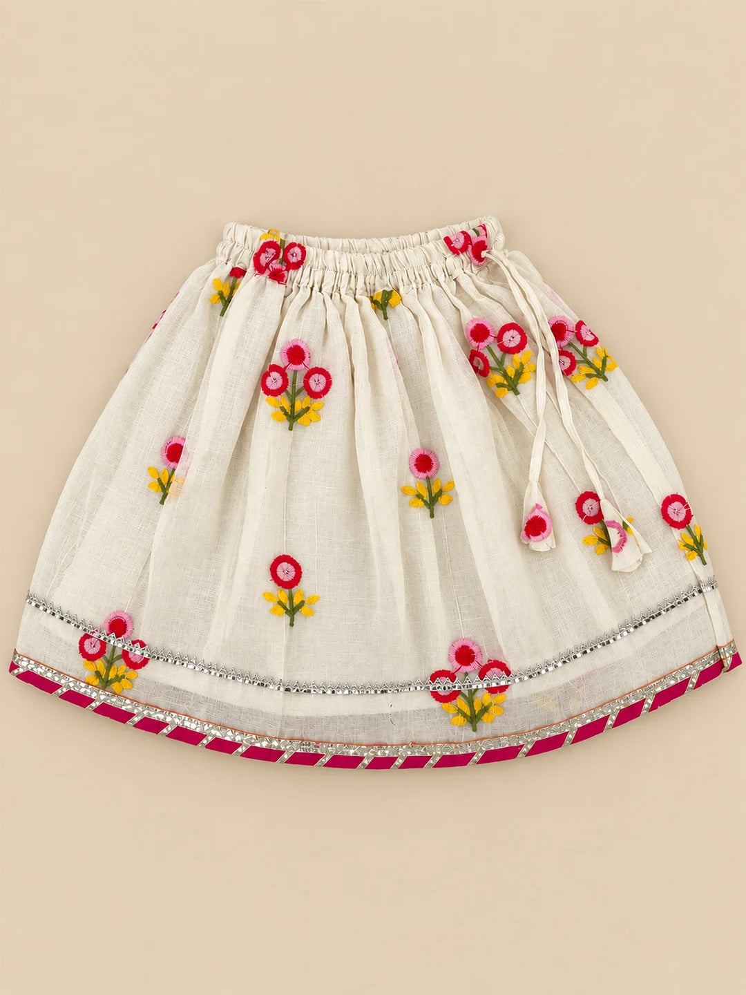 BownBee Cotton Short Puff Sleeves Lehenga Choli With Hairband Set For Infant Girls - White