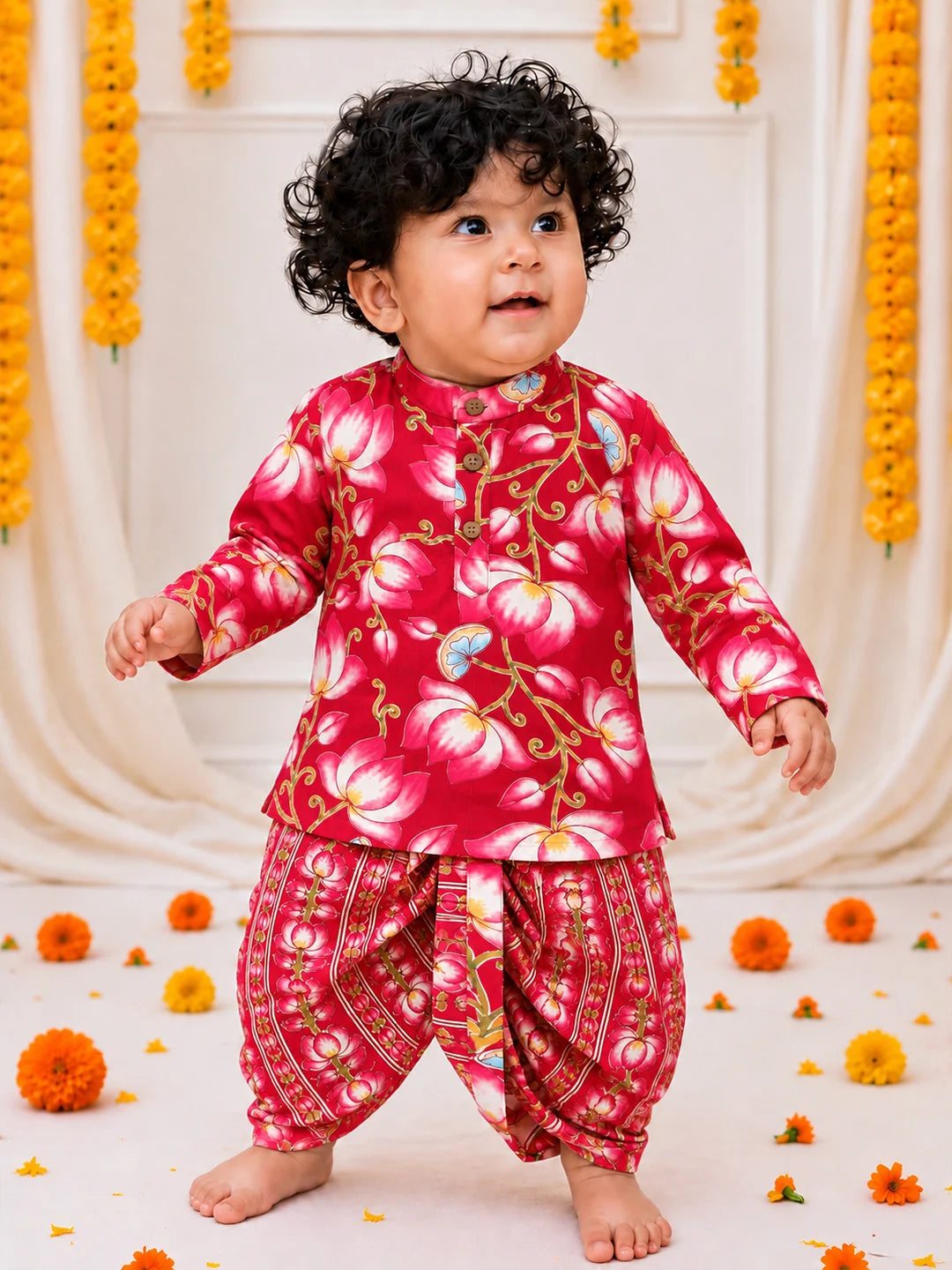 BownBee Pure Cotton Printed Dhoti Kurta & Lehenga Choli Infant Sibling Set