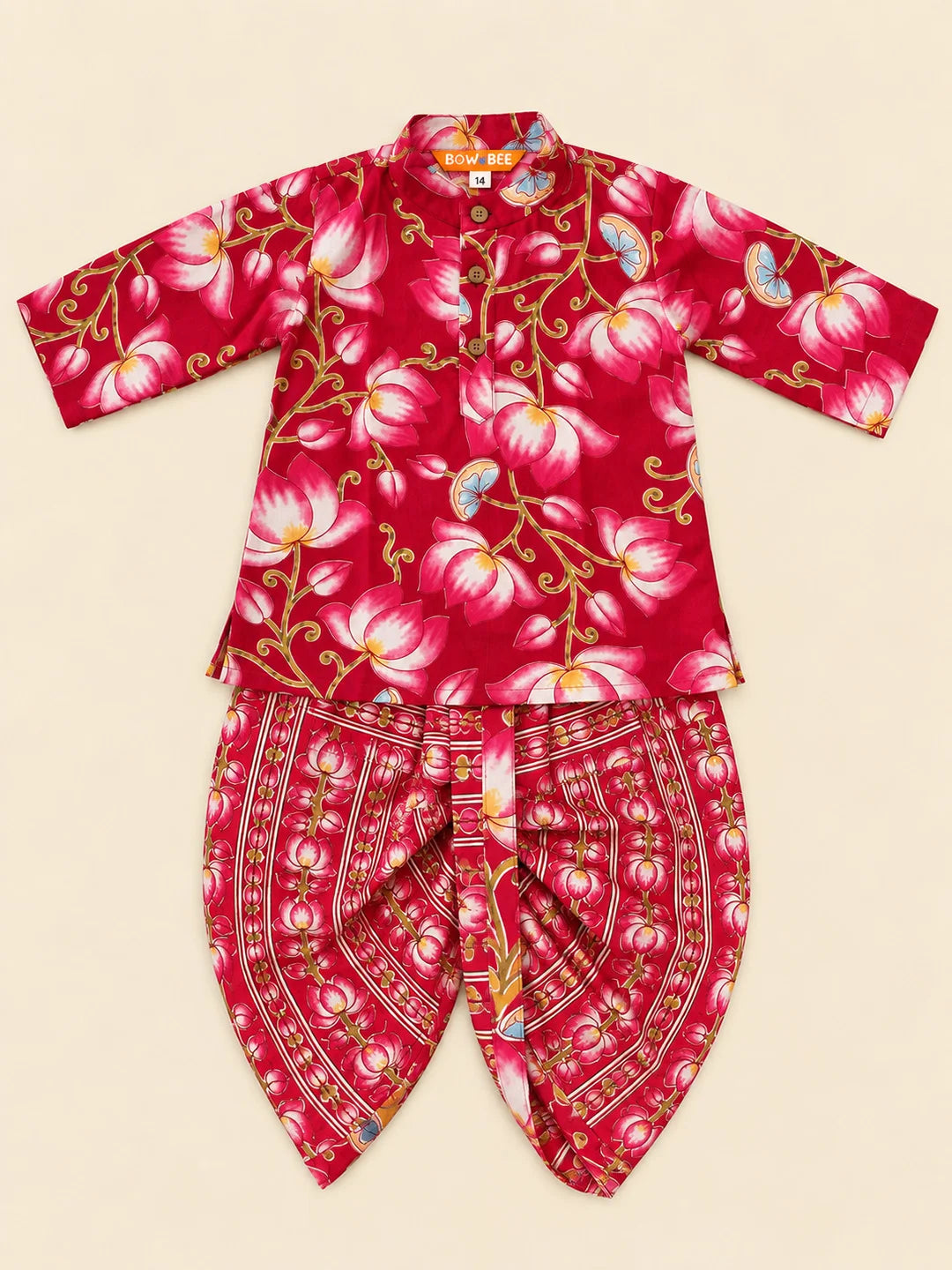 BownBee Pure Cotton Printed Dhoti Kurta & Lehenga Choli Infant Sibling Set