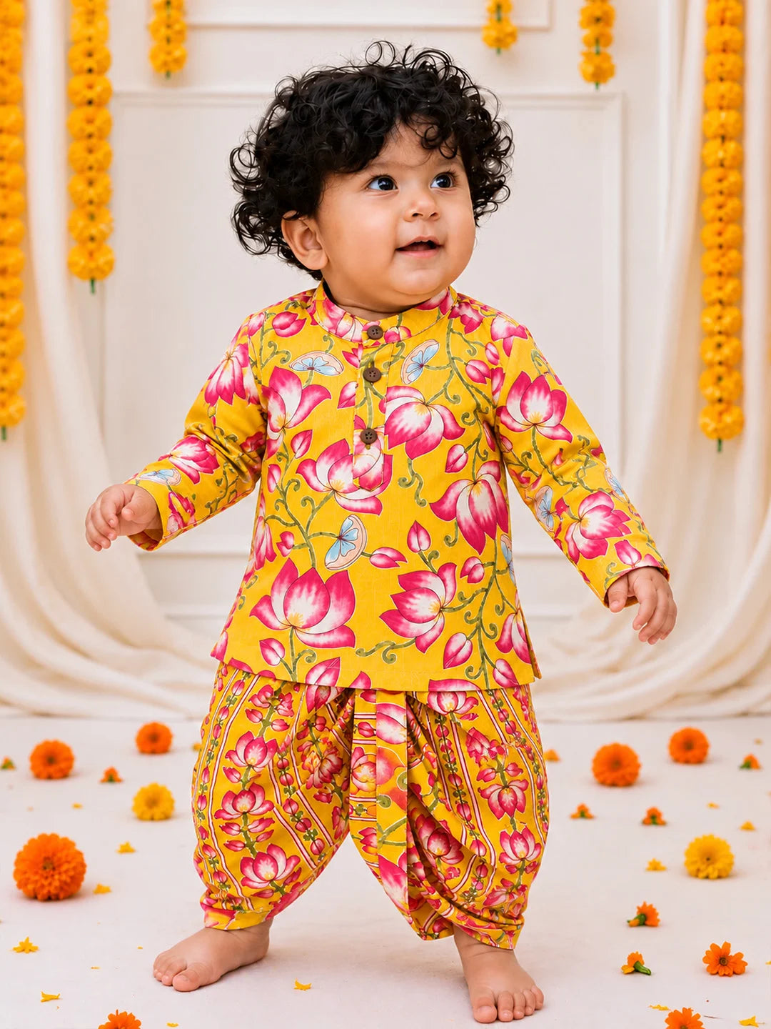 BownBee Pure Cotton Printed Dhoti Kurta & Lehenga Choli Infant Sibling Set