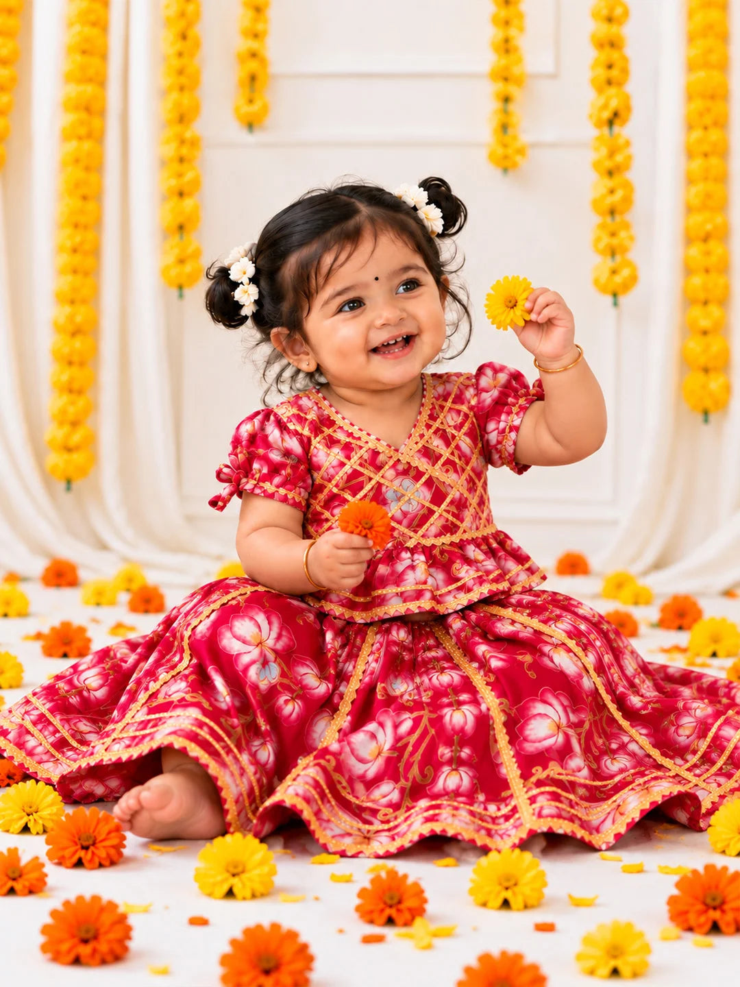BownBee Pure Cotton Back Open Choli With Lehenga For Infant Girls