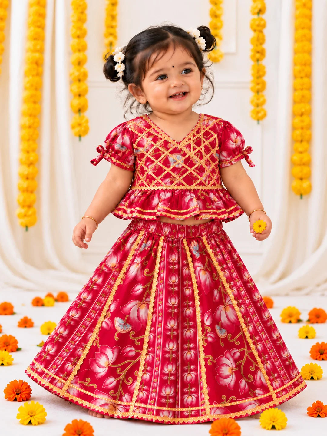 BownBee Pure Cotton Back Open Choli With Lehenga For Infant Girls