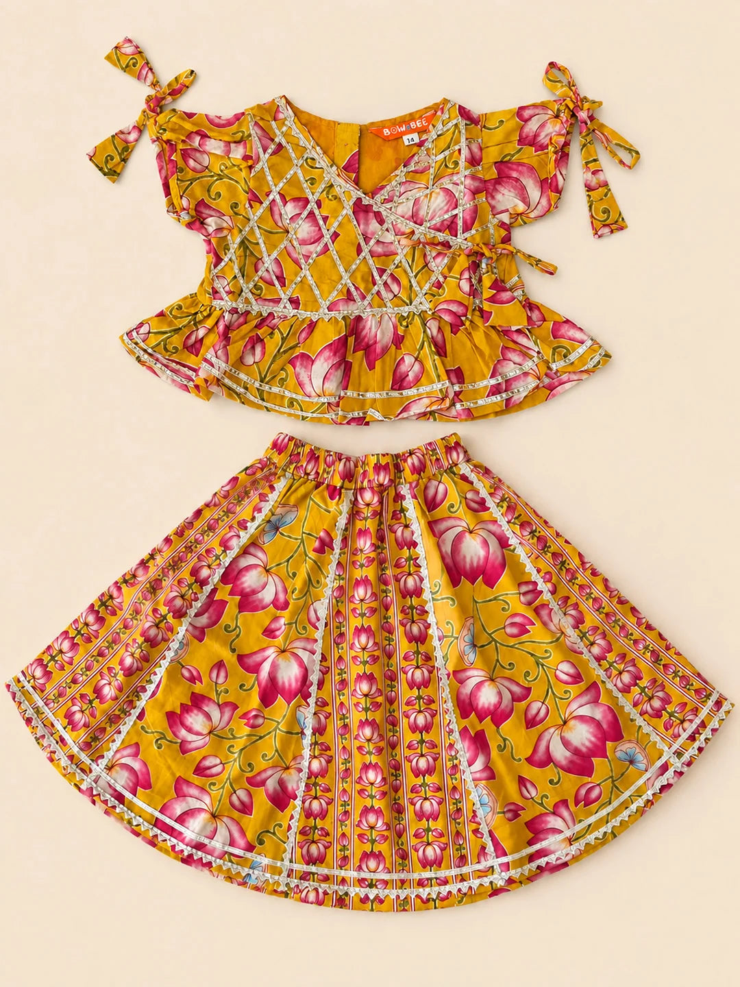 BownBee Pure Cotton Printed Dhoti Kurta & Lehenga Choli Infant Sibling Set