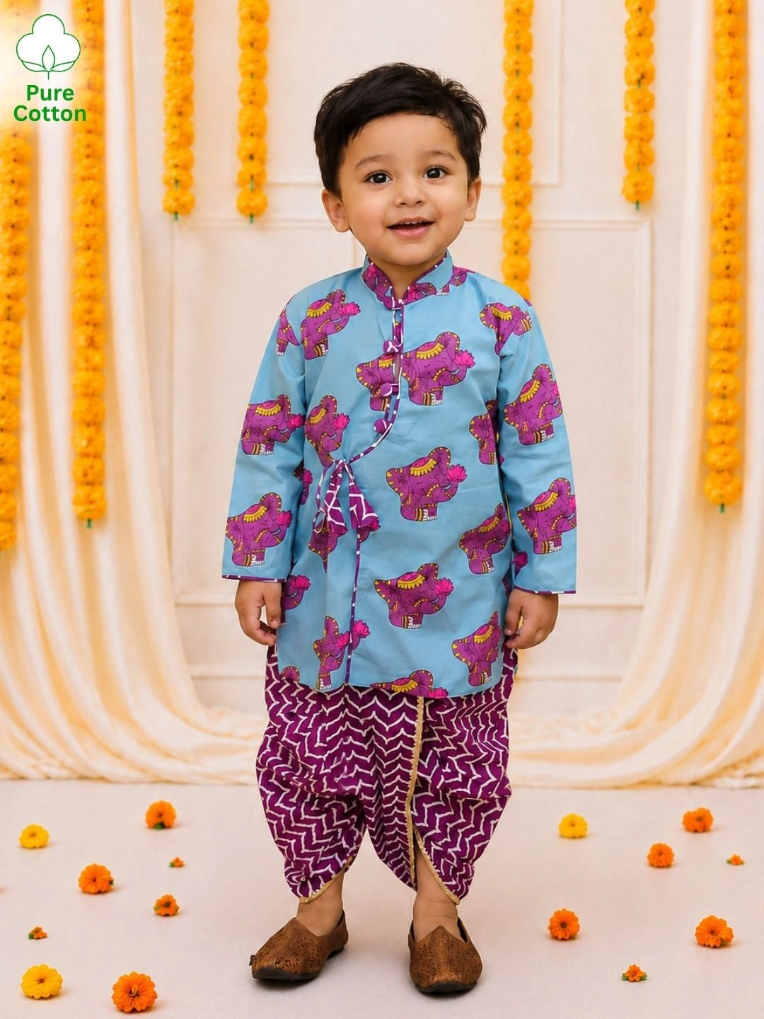 BownBee Pure Cotton Elephant Printed Dhoti Kurta For Infant Boys