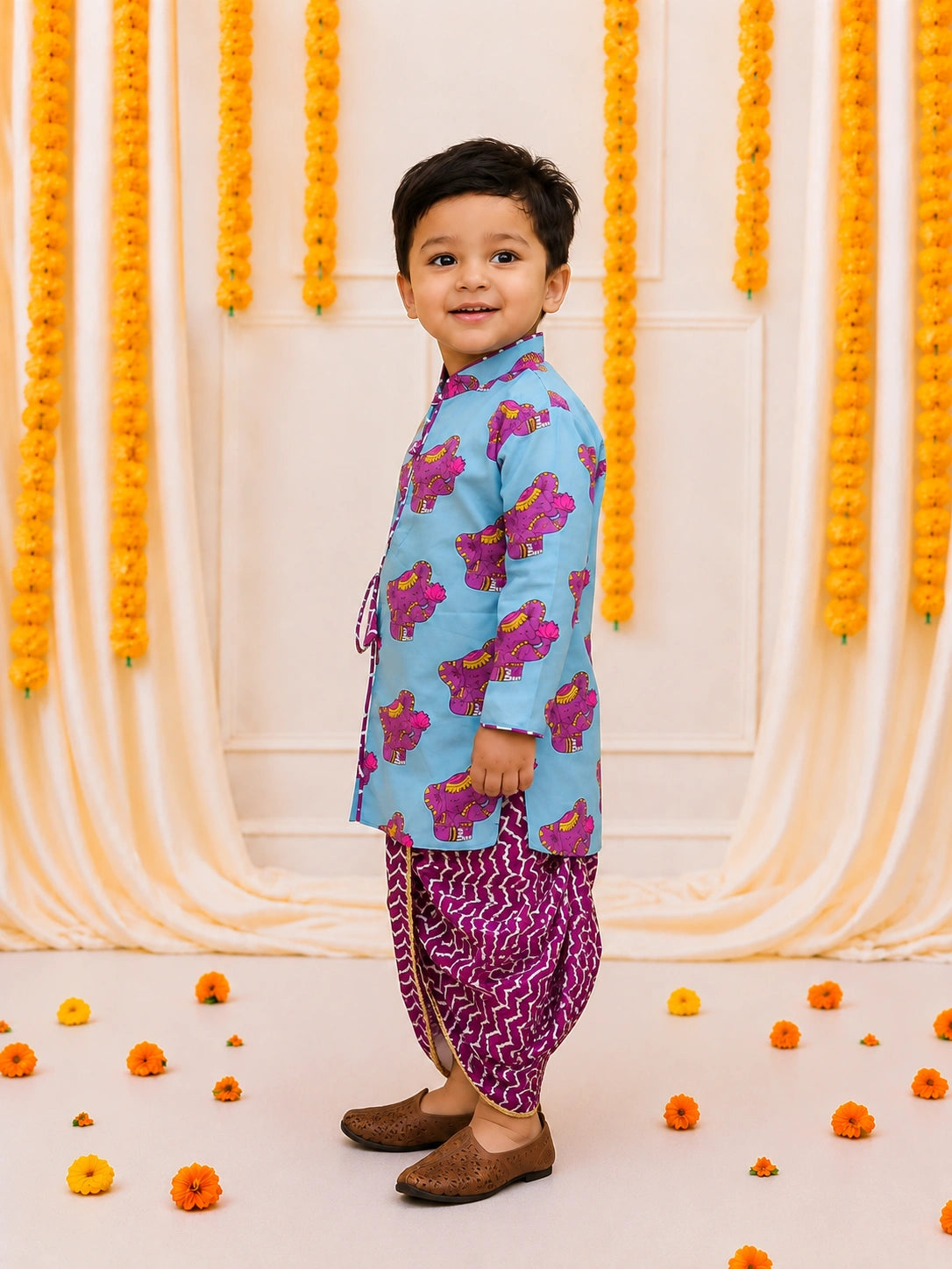 BownBee Pure Cotton Elephant Printed Dhoti Kurta For Infant Boys