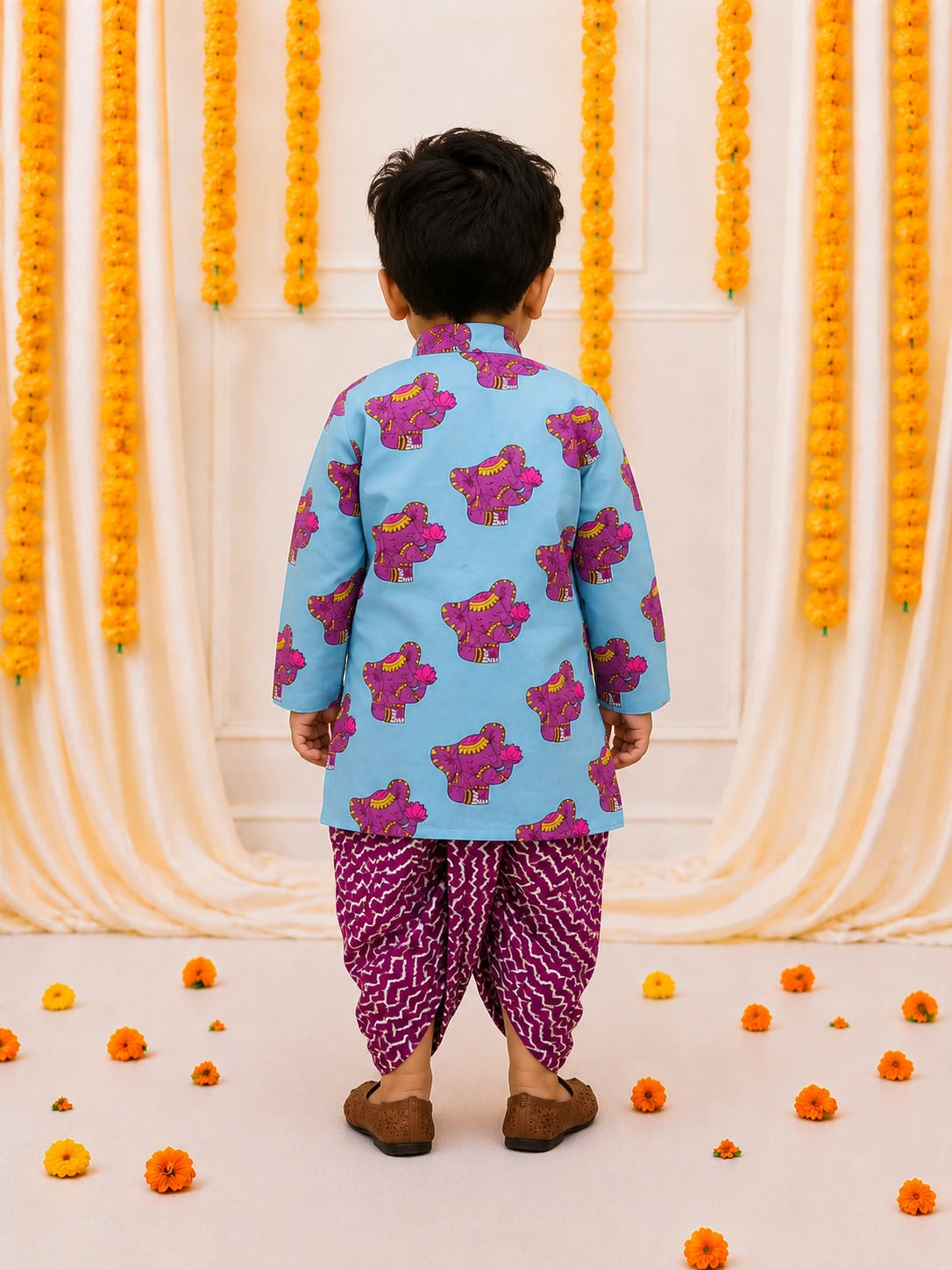 BownBee Pure Cotton Elephant Printed Dhoti Kurta For Infant Boys