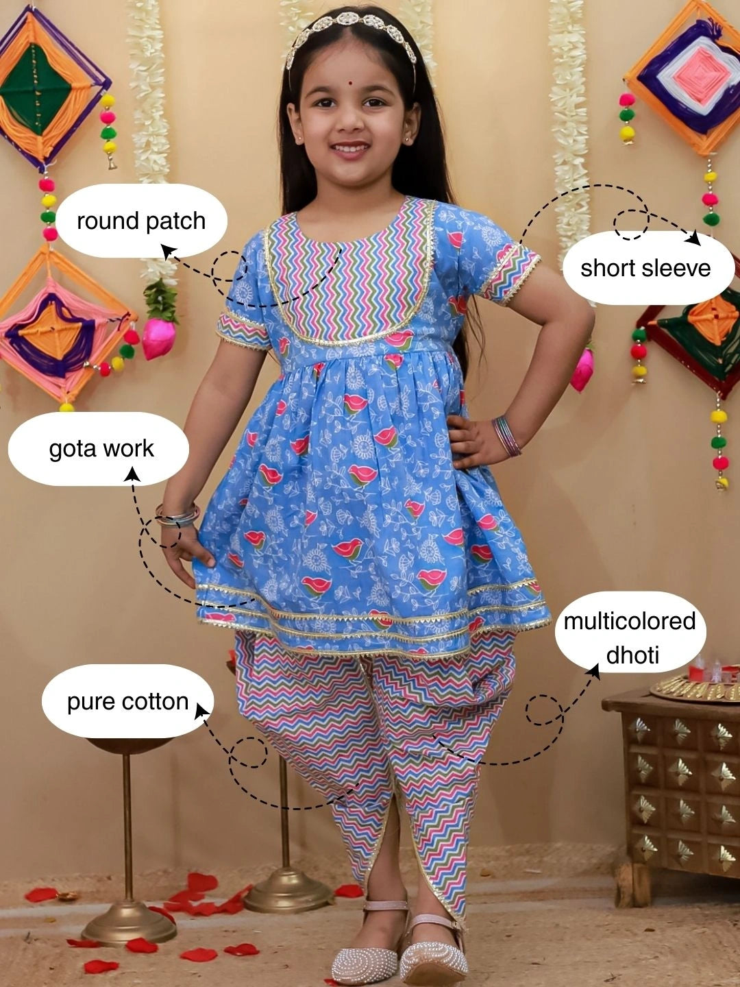 BownBee Short Sleeves Kurti With Dhoti Set For Girls - Blue