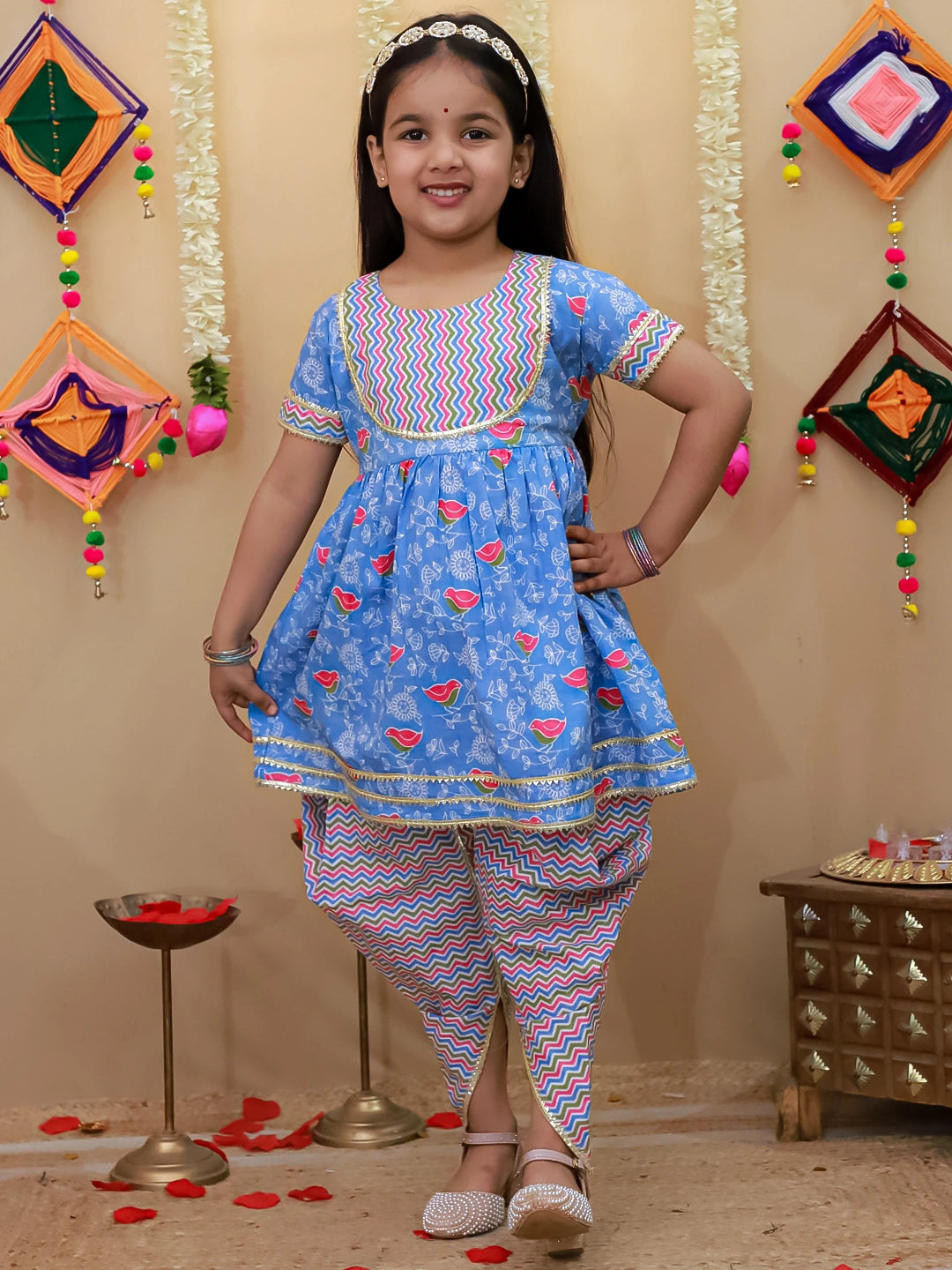 BownBee Short Sleeves Kurti With Dhoti Set For Girls - Blue