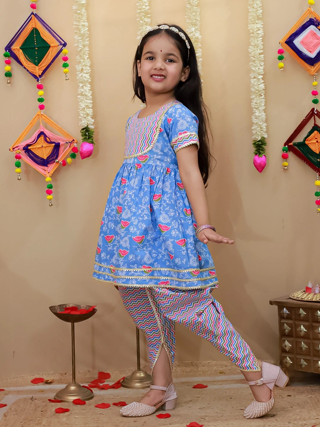 BownBee Short Sleeves Kurti With Dhoti Set For Girls - Blue