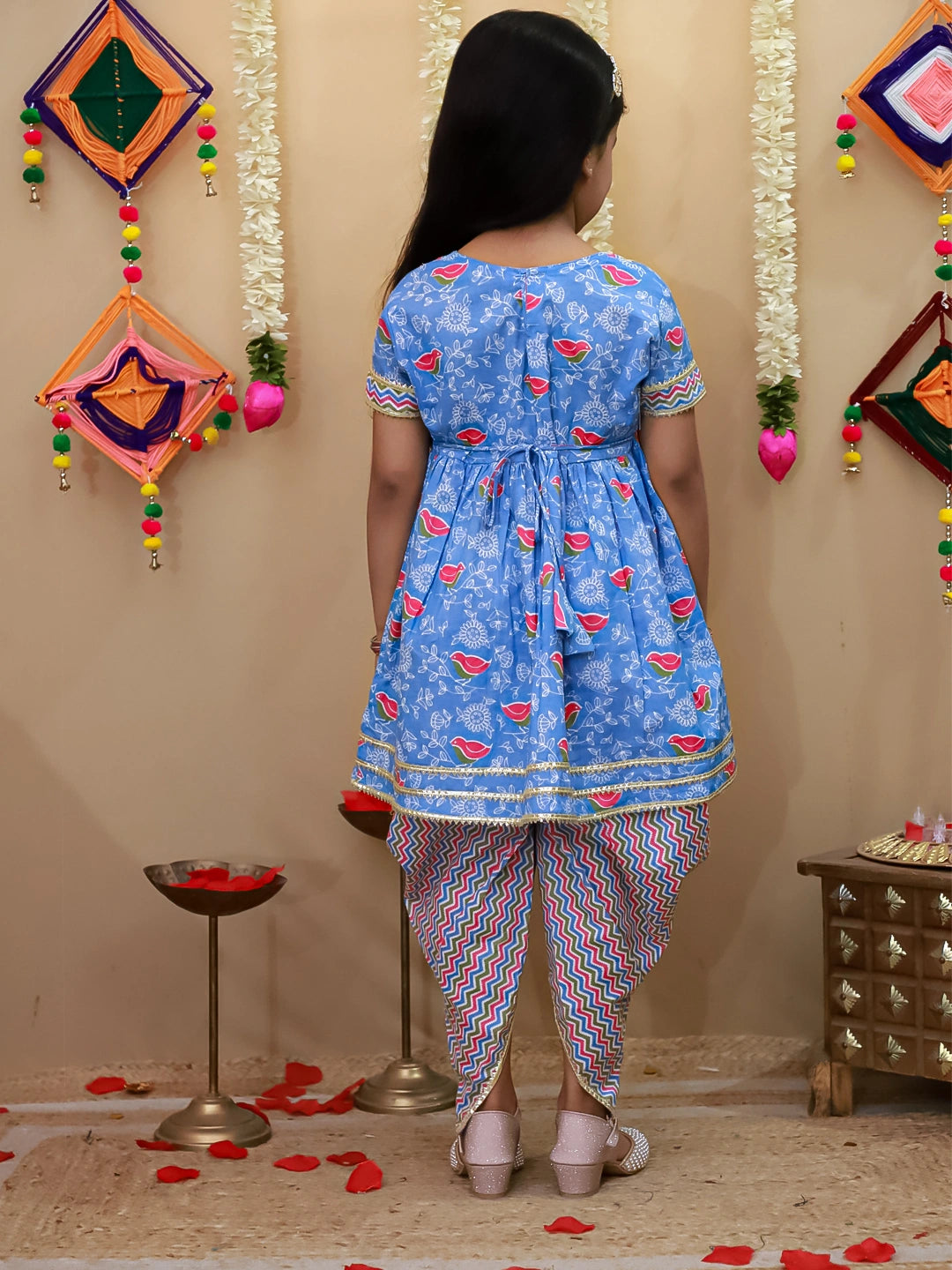 BownBee Short Sleeves Kurti With Dhoti Set For Girls - Blue