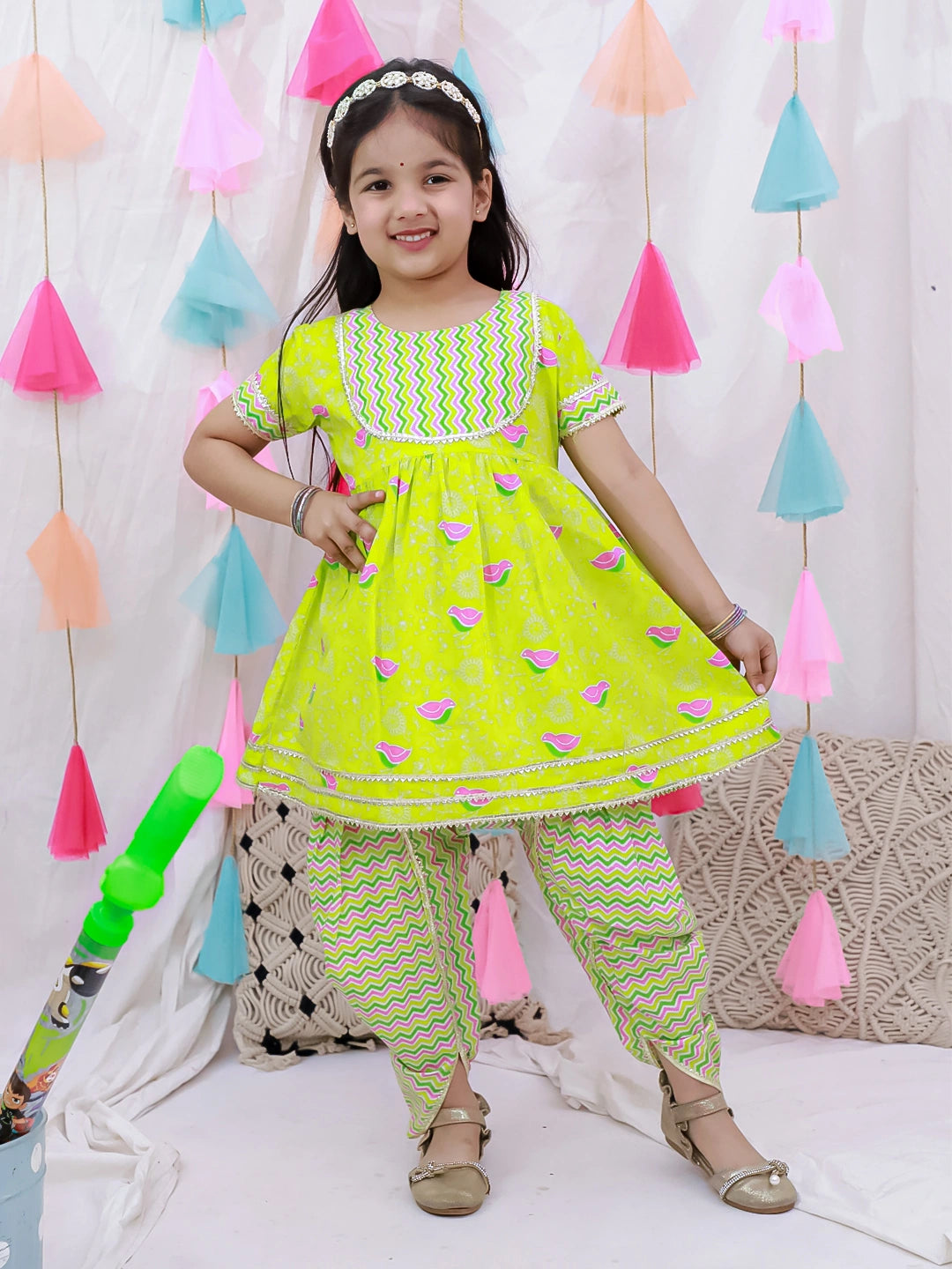 BownBee Short Sleeves Kurti With Dhoti Set For Girls - Blue