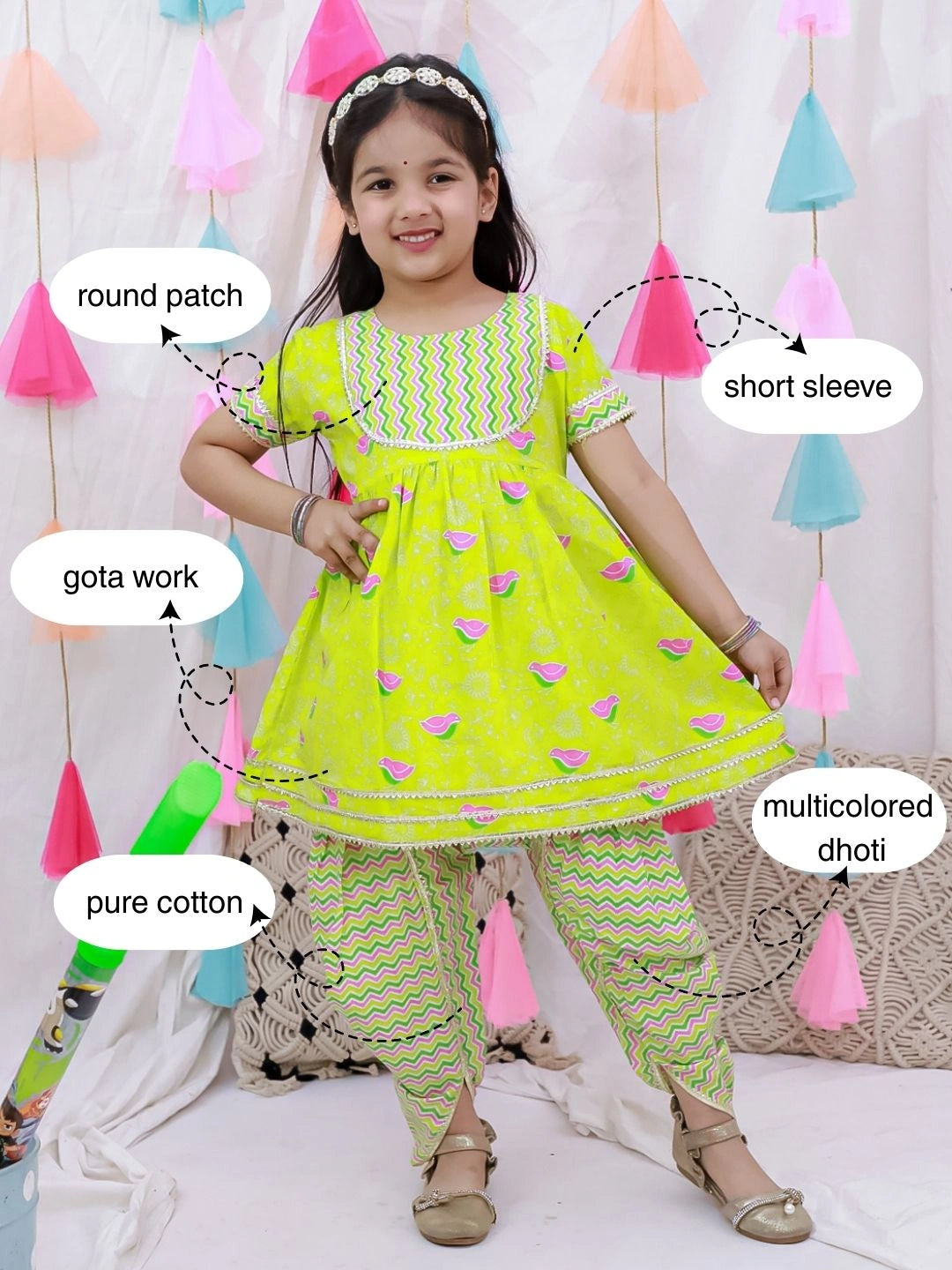 BownBee Short Sleeves Kurti With Dhoti Set For Girls - Blue