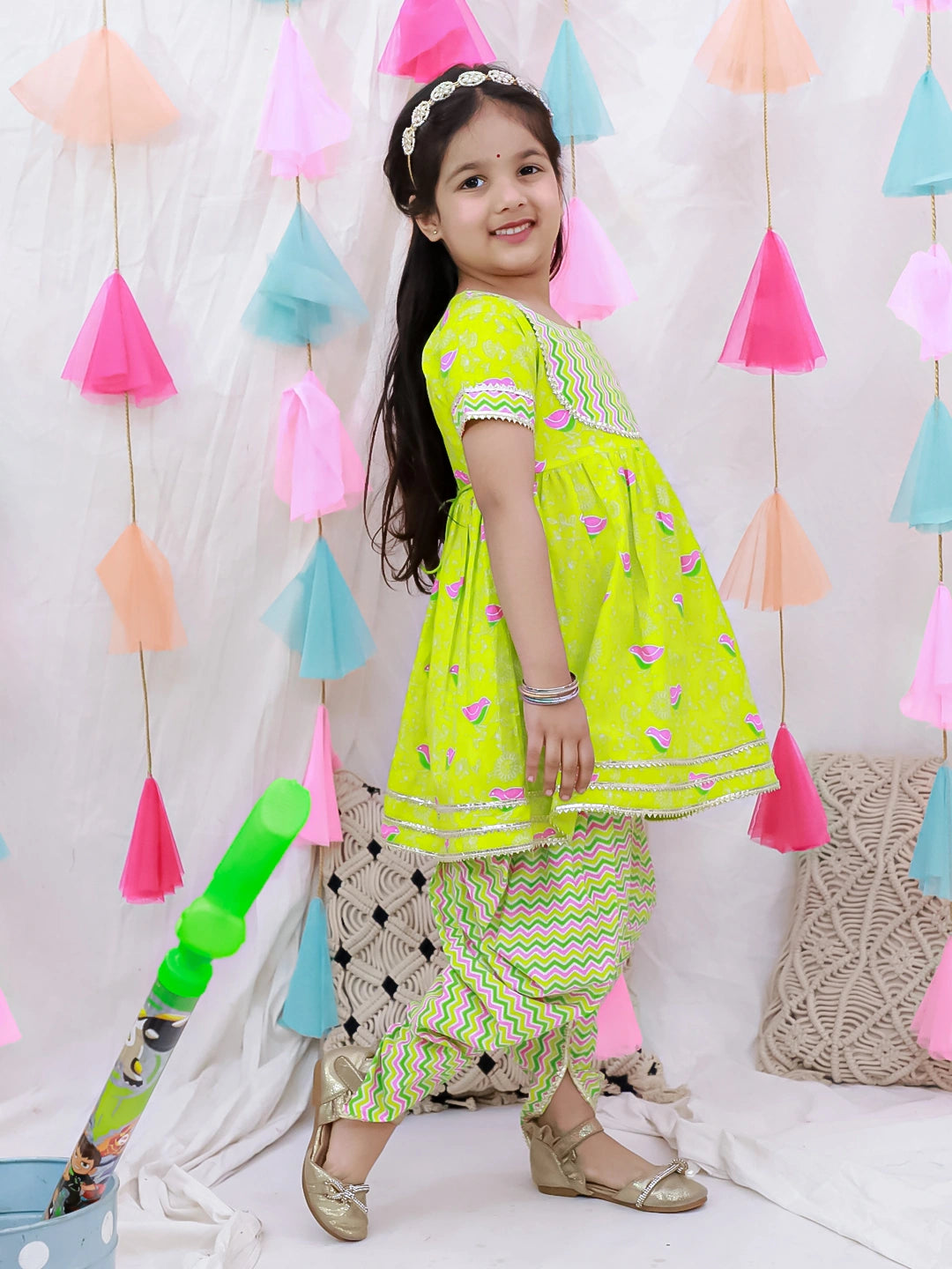 BownBee Short Sleeves Kurti With Dhoti Set For Girls - Blue