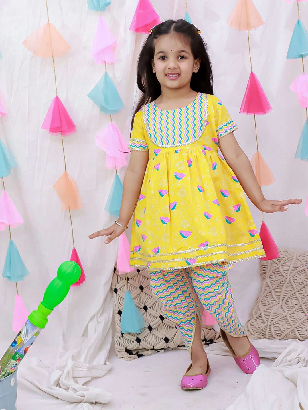 BownBee Short Sleeves Kurti With Dhoti Set For Girls - Blue