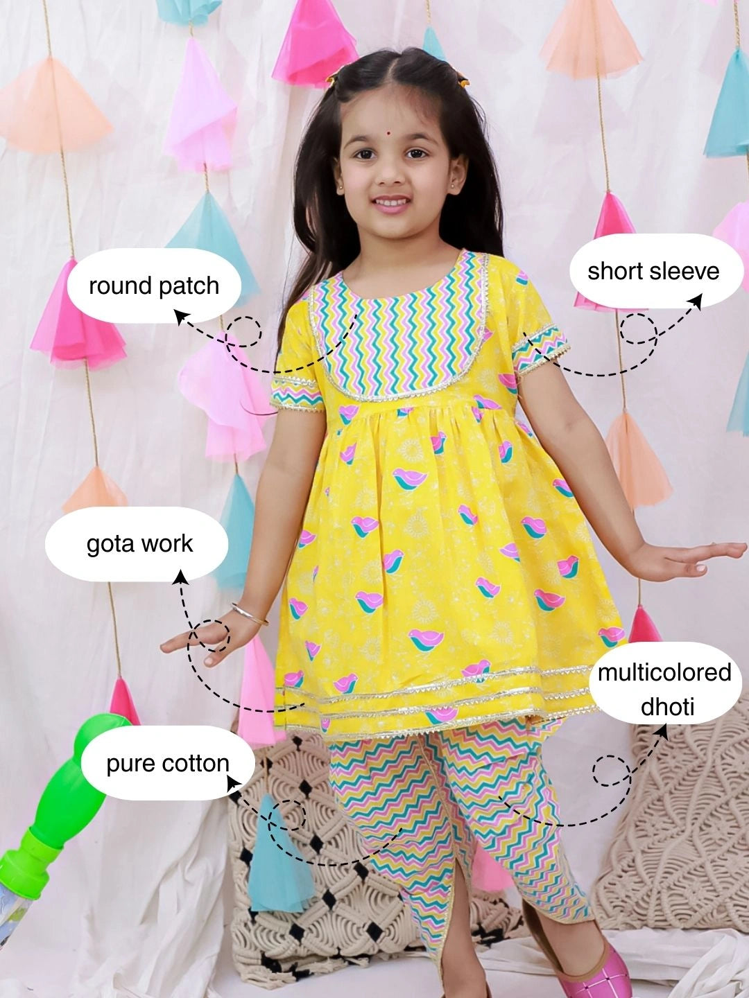 BownBee Short Sleeves Kurti With Dhoti Set For Girls - Blue