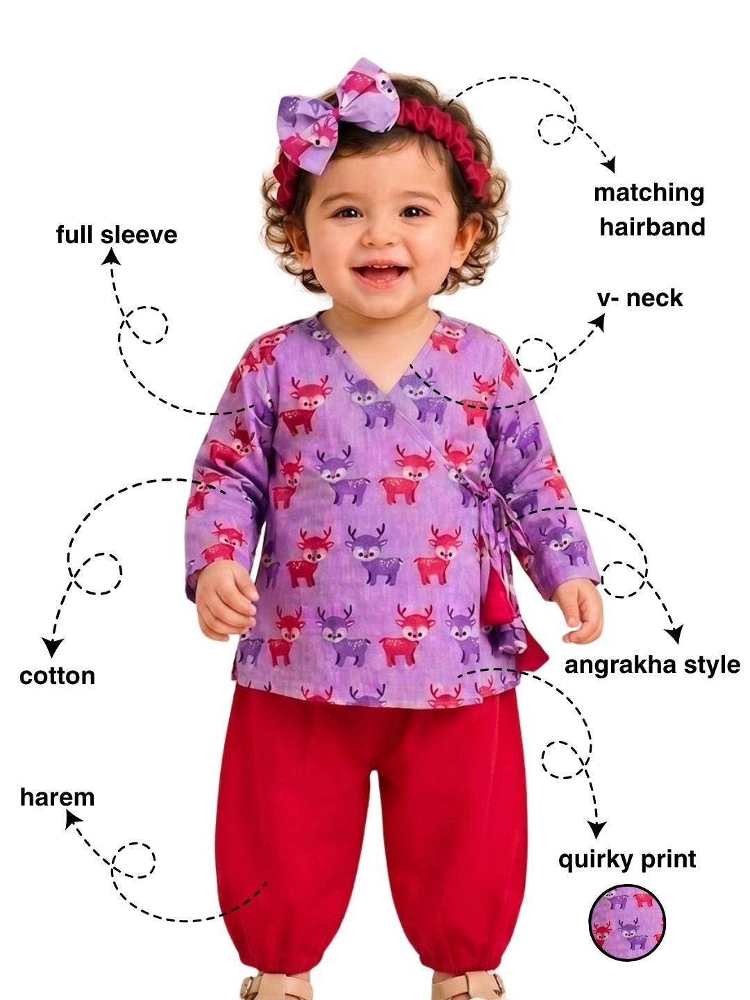 BownBee Full Sleeve Jhabla & Harem With Hairband For Girls
