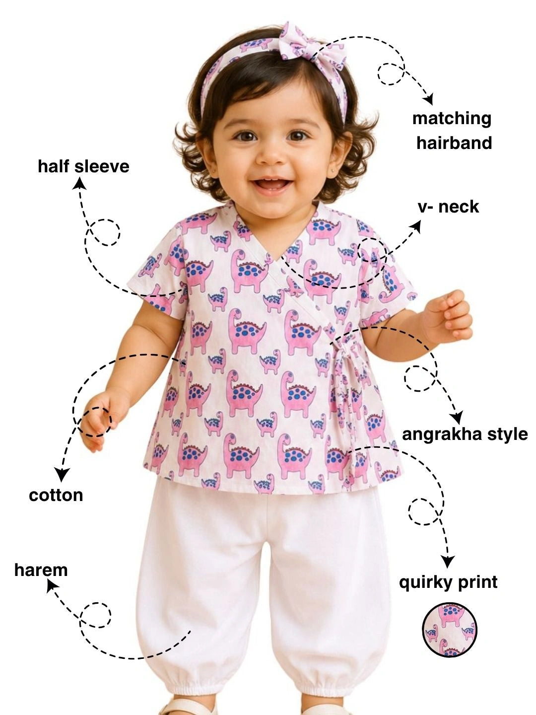 BownBee Half Sleeve Jhabla & Harem With Hairband For Girls