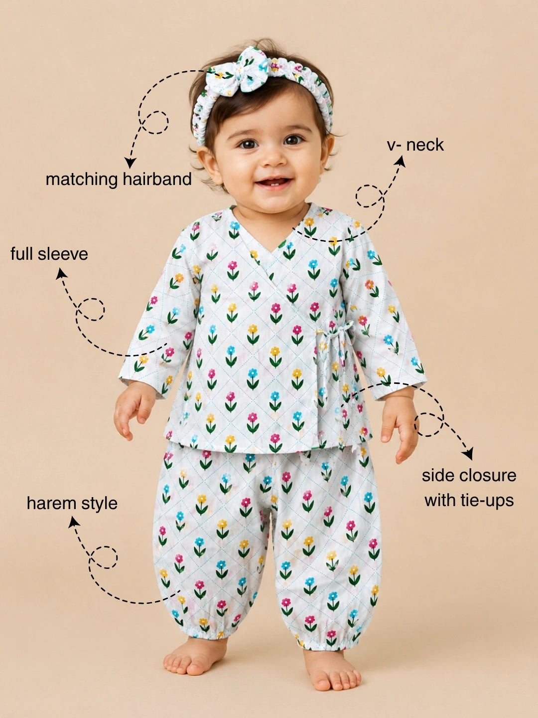 BownBee Full Sleeve Jhabla & Harem With Hairband For Girls