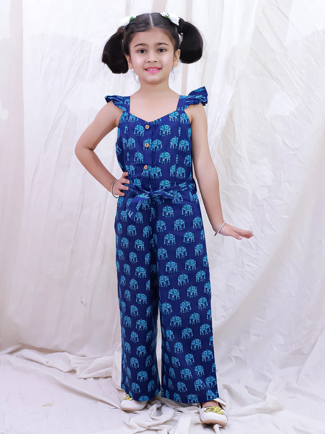 BownBee Pure Cotton Sleeveless Quirky Printed  Jumpsuit For Girls - Yellow