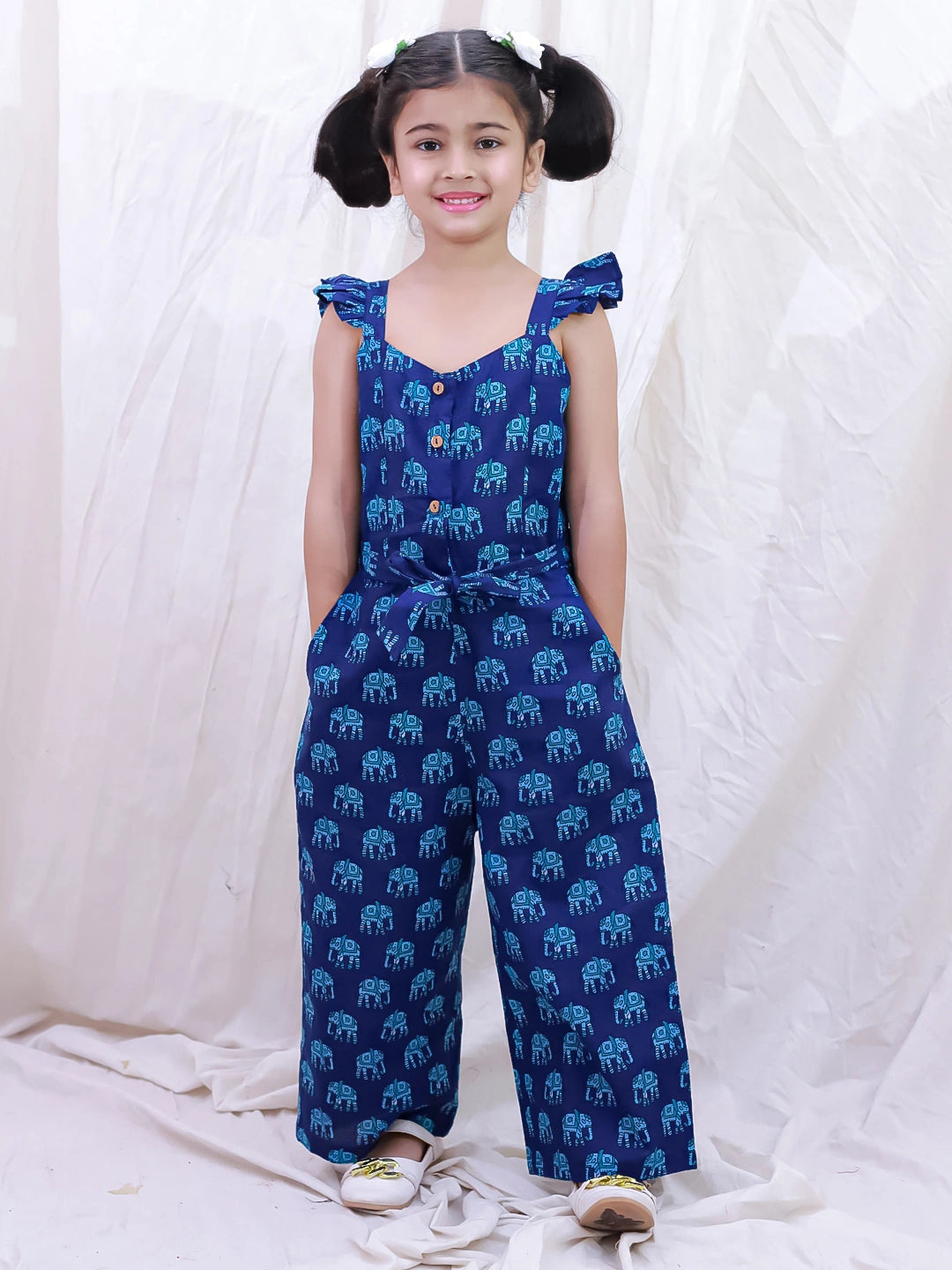 BownBee Pure Cotton Sleeveless Quirky Printed  Jumpsuit For Girls - Yellow